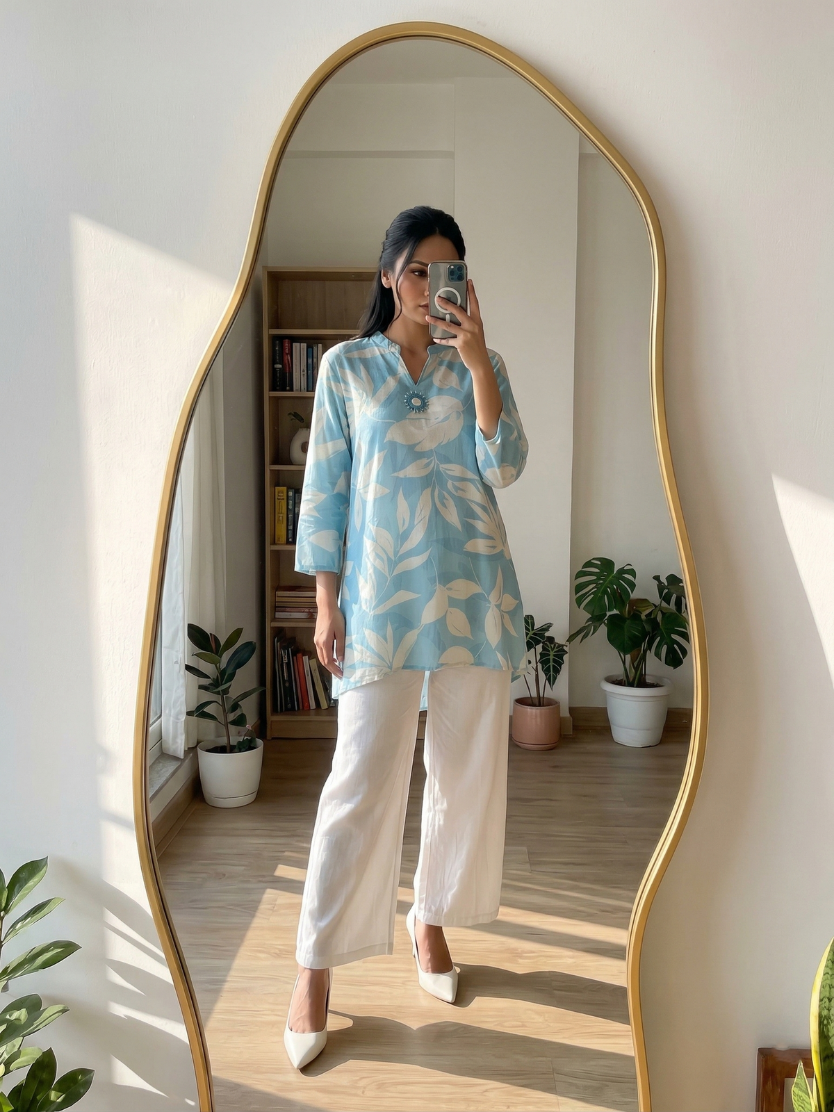 Person wearing a light blue floral kurthi and white pants standing in front of a tall mirror.