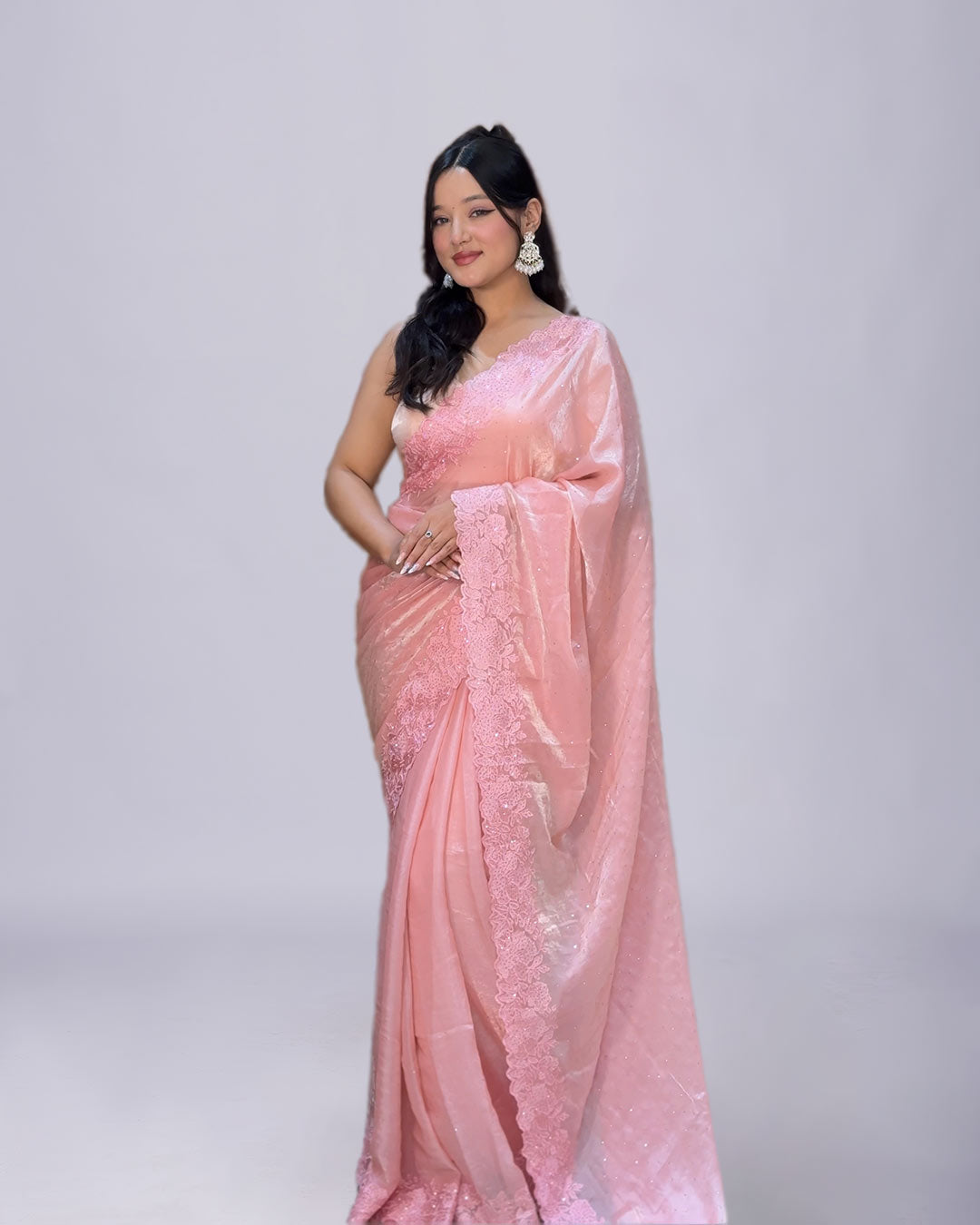 Blush Pink Organza Saree with Delicate Lace Border