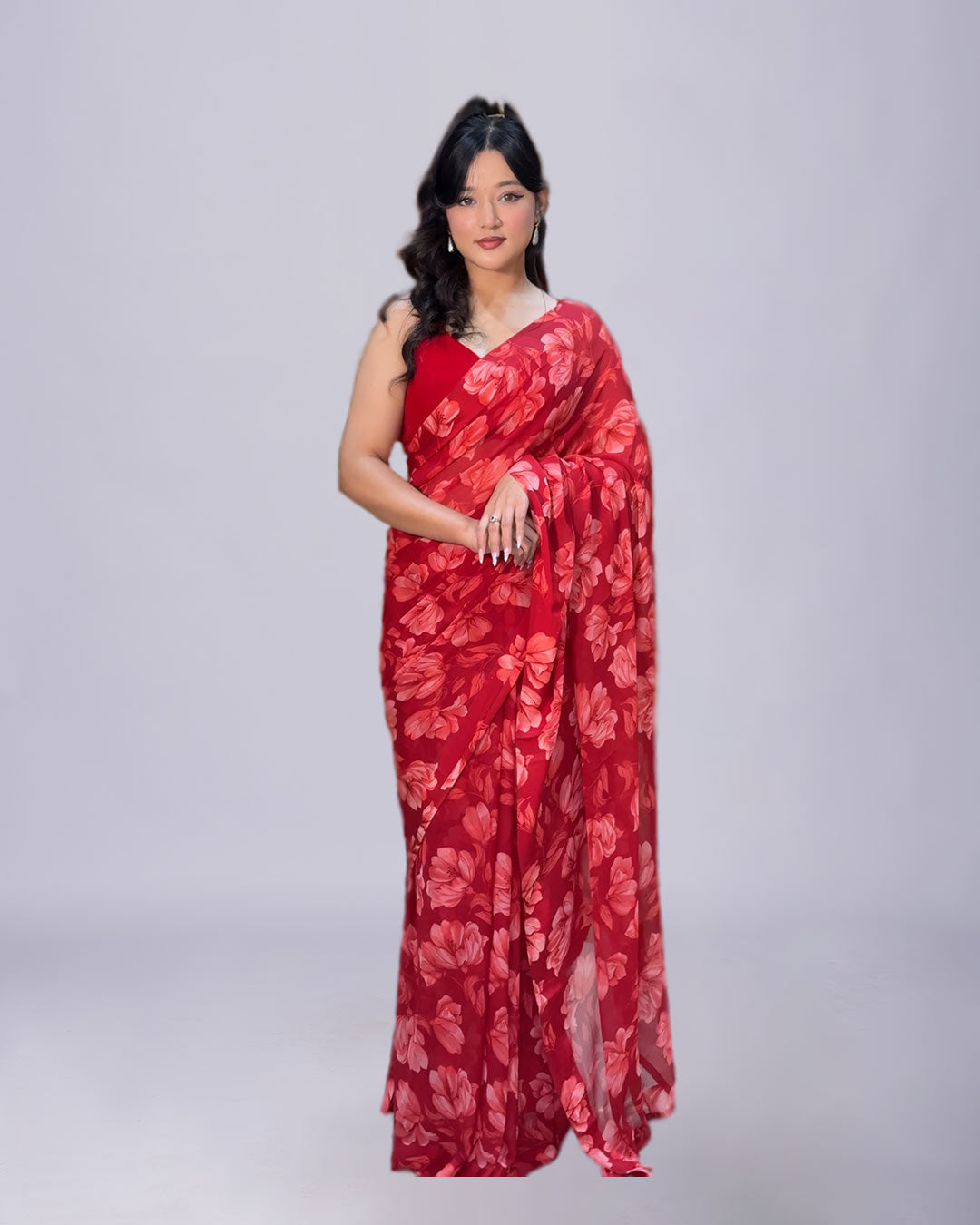 Crimson Petals – Chiffon Floral Saree
