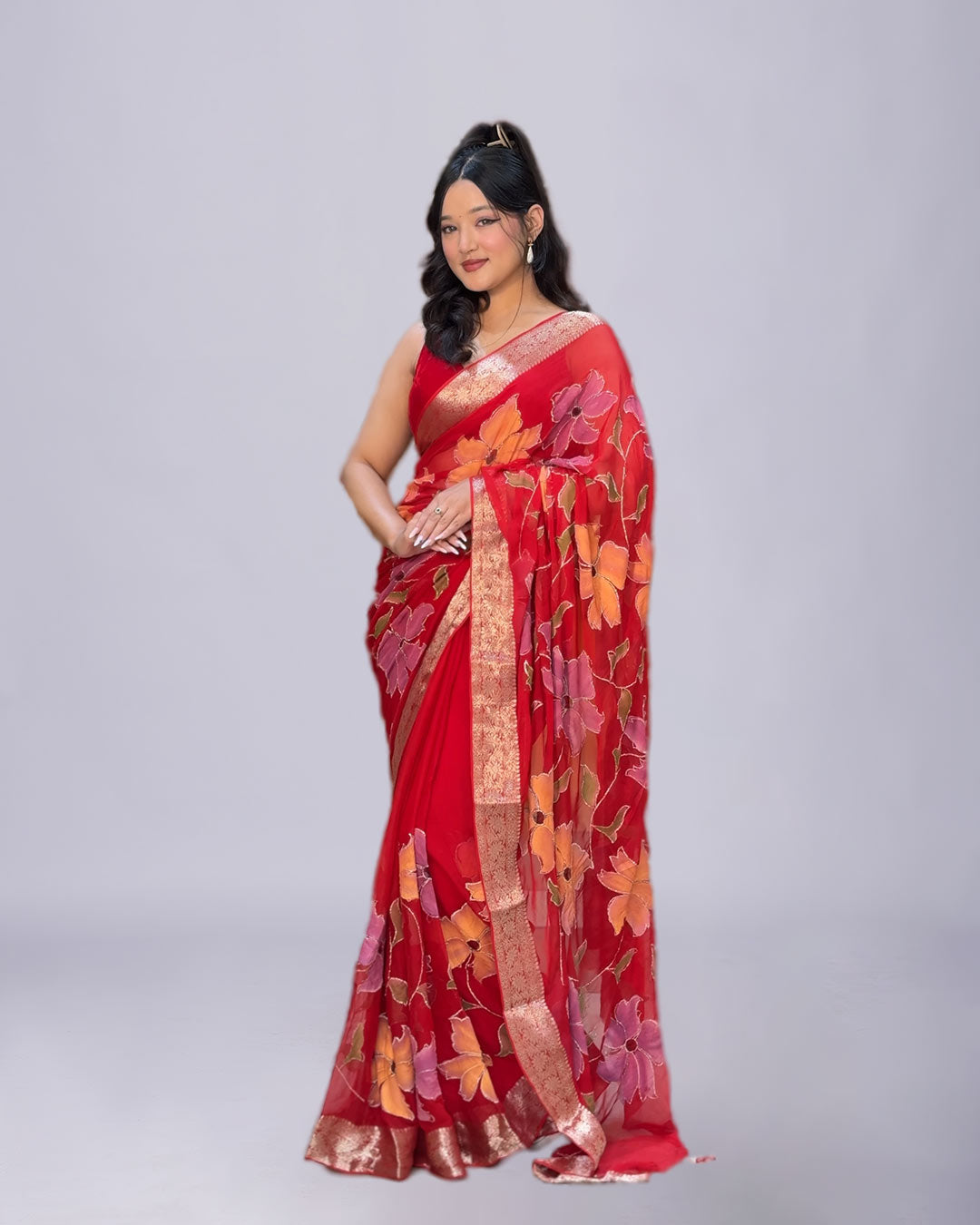 Scarlet Bloom – French Chiffon Floral Saree