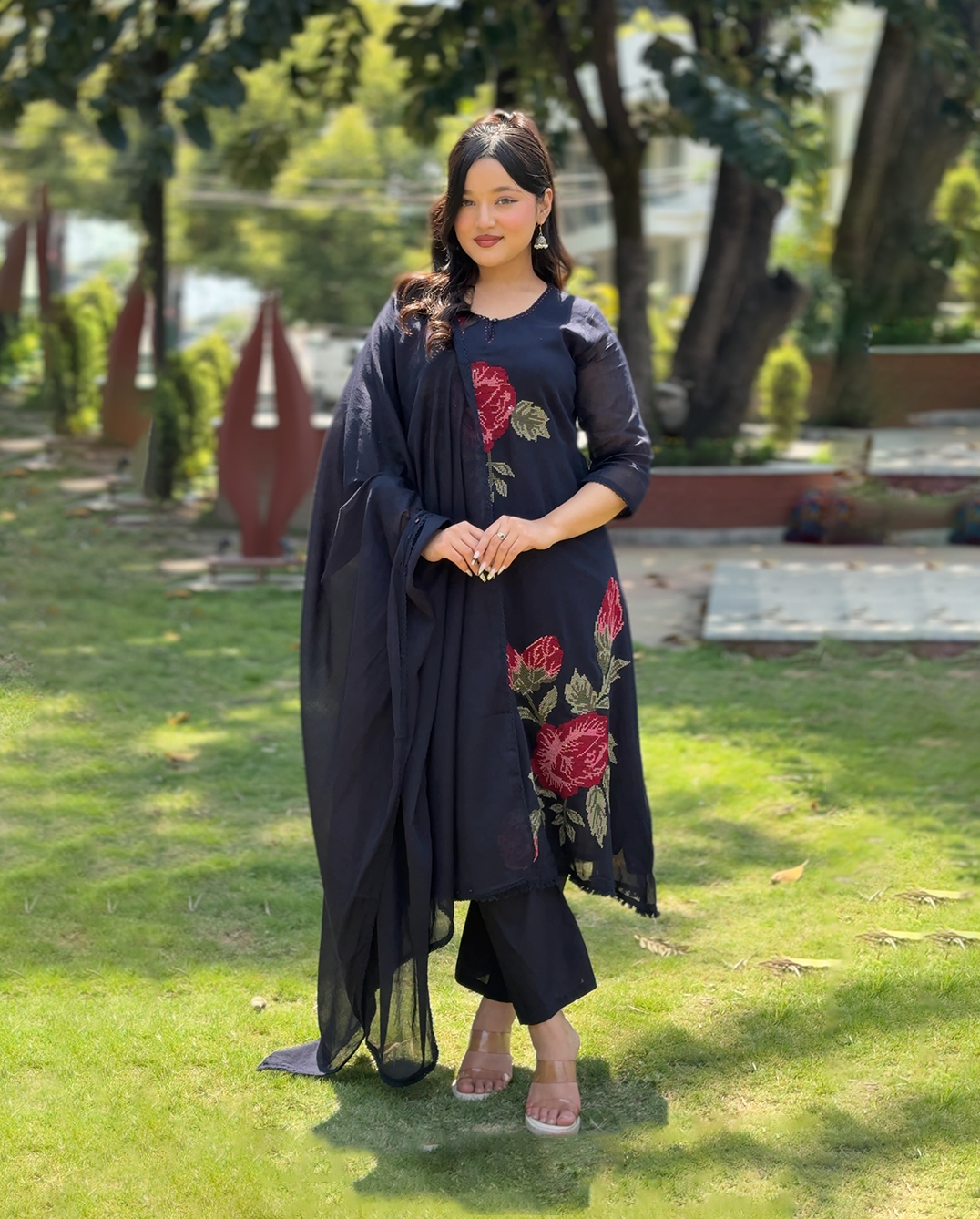 Black Floral Print Kurthi Set