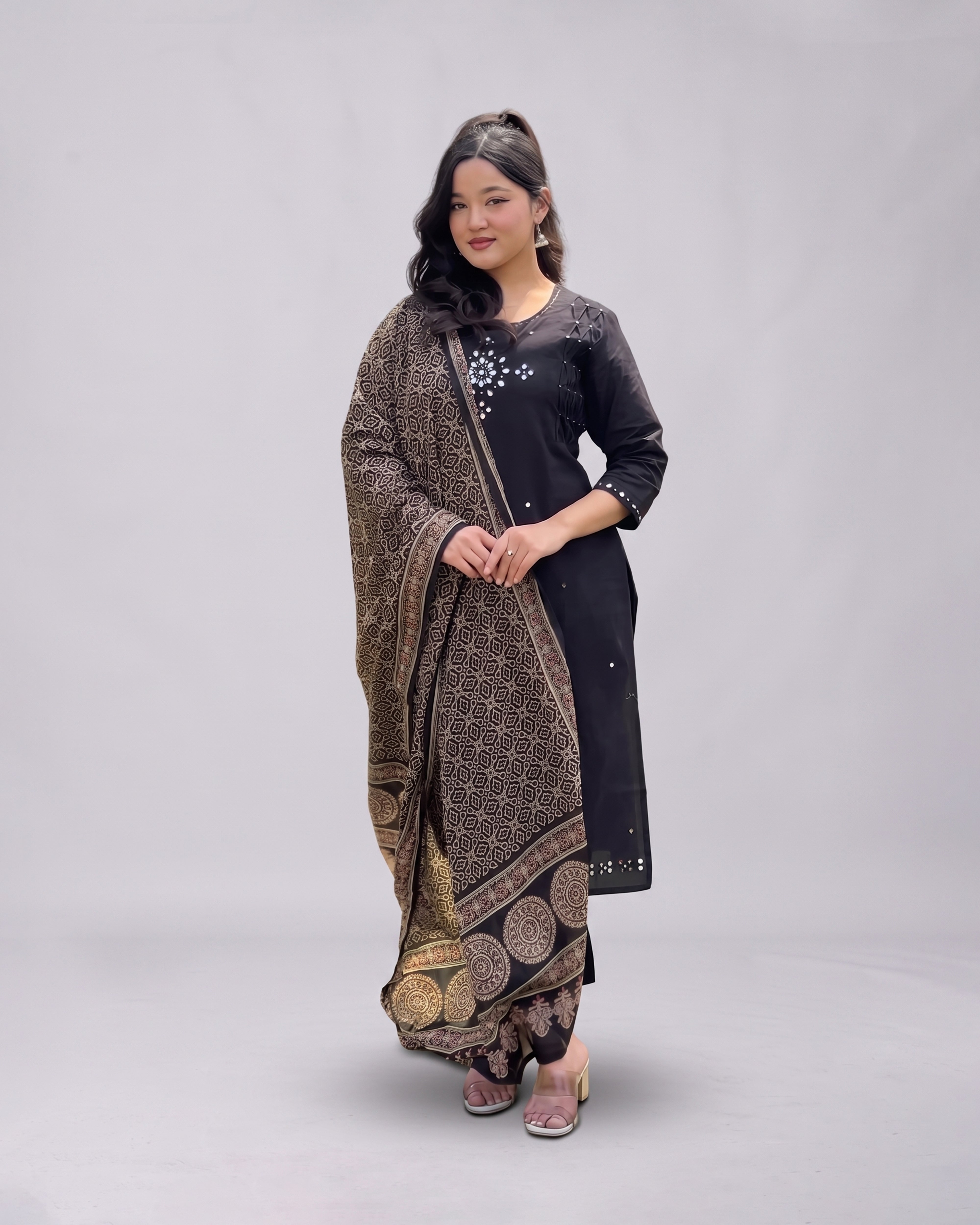 Black Khadi Kurthi Set