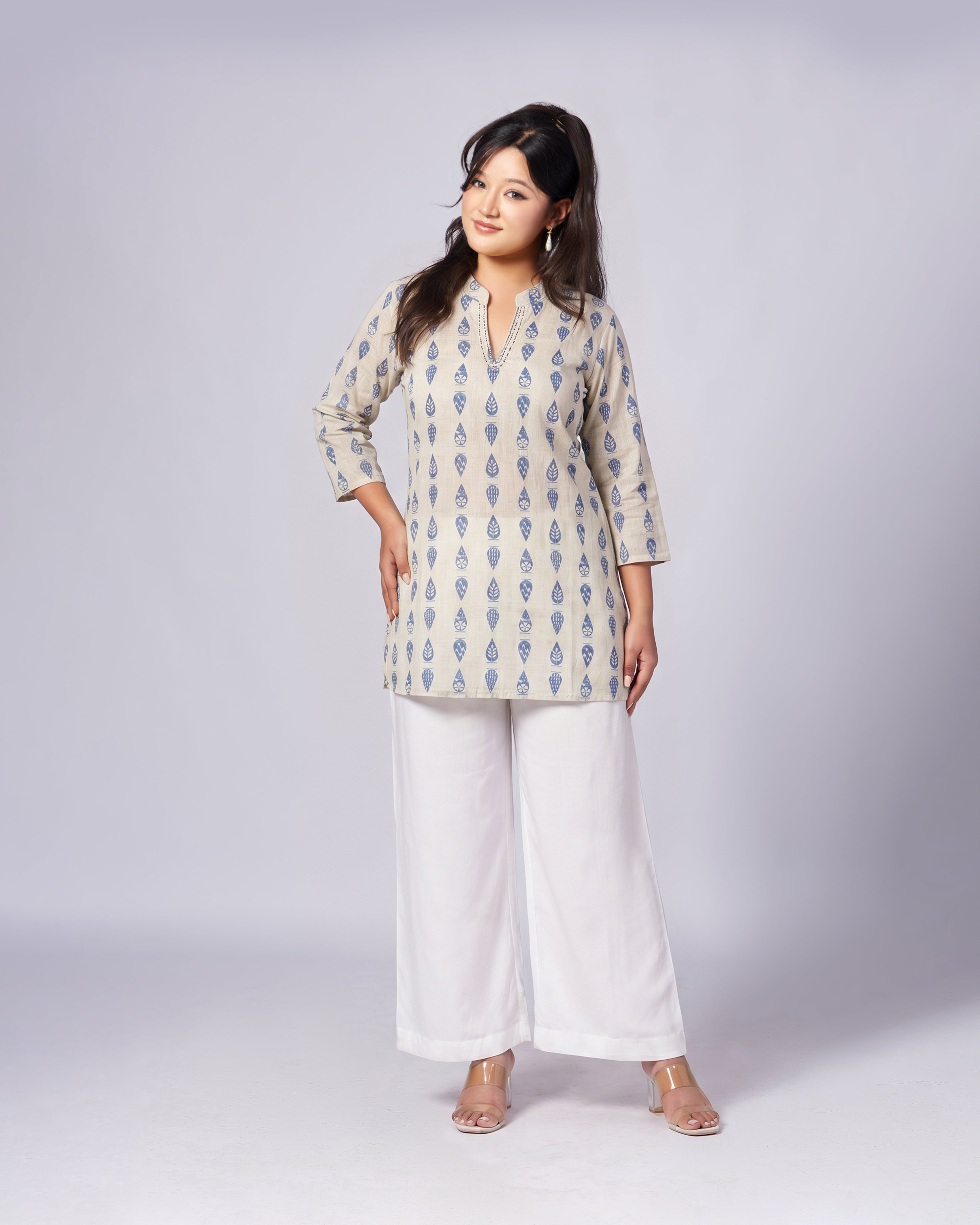 Premium Kota Cotton Teardrop Leaf Motif Block Print Short Kurti Set | V-Neck Co-ord Set for Women