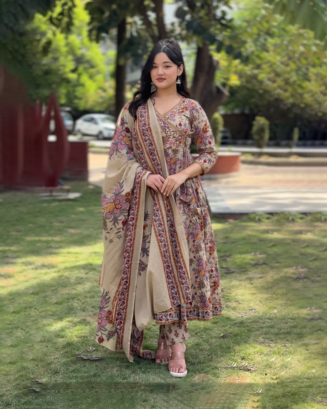 Elegant Beige Floral Angrakha Kurthi Set