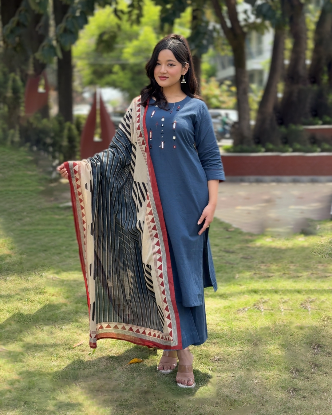 Indigo Cotton Kurthi Set with Dupatta