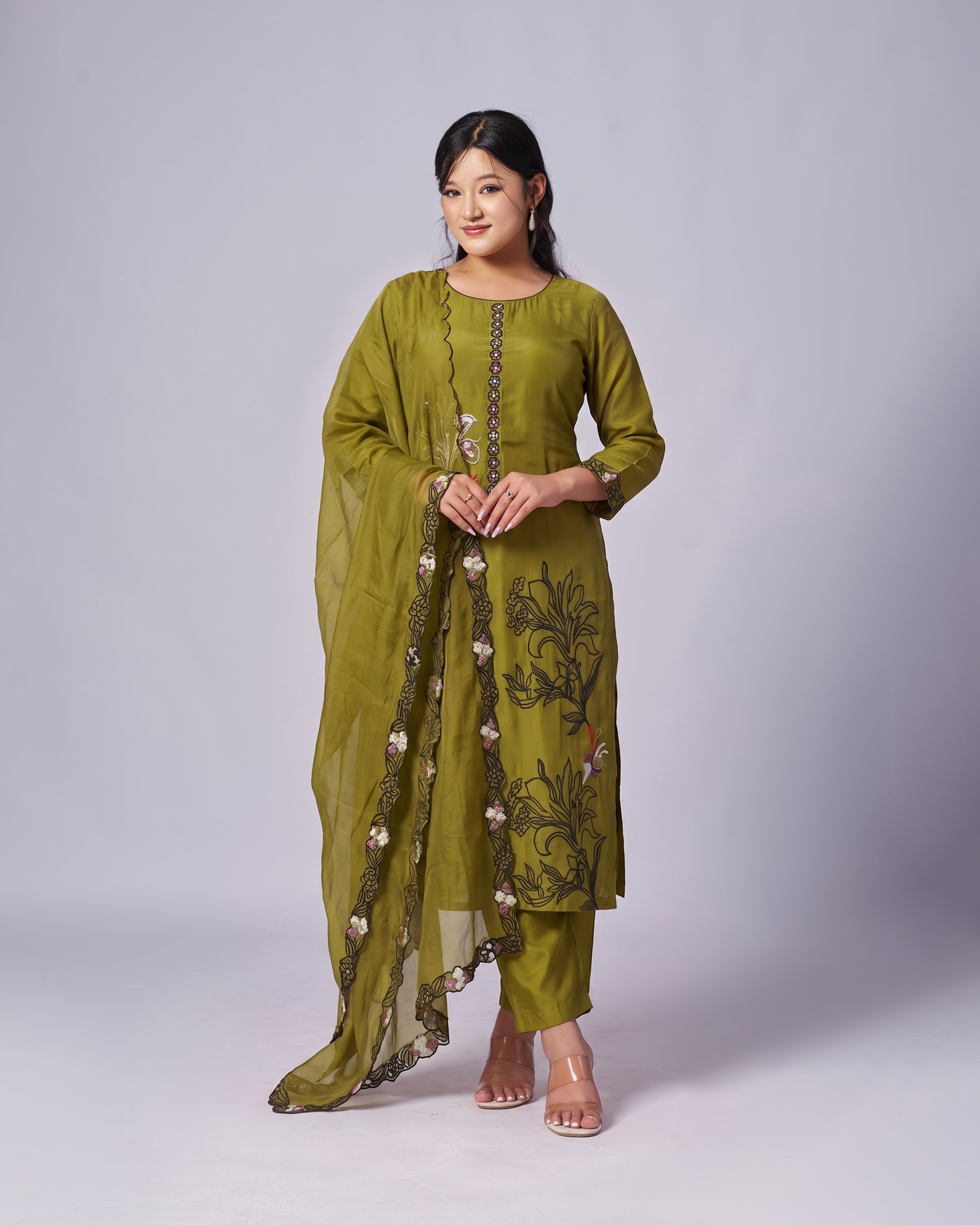 Olive Bloom Embroidered Kurthi Set