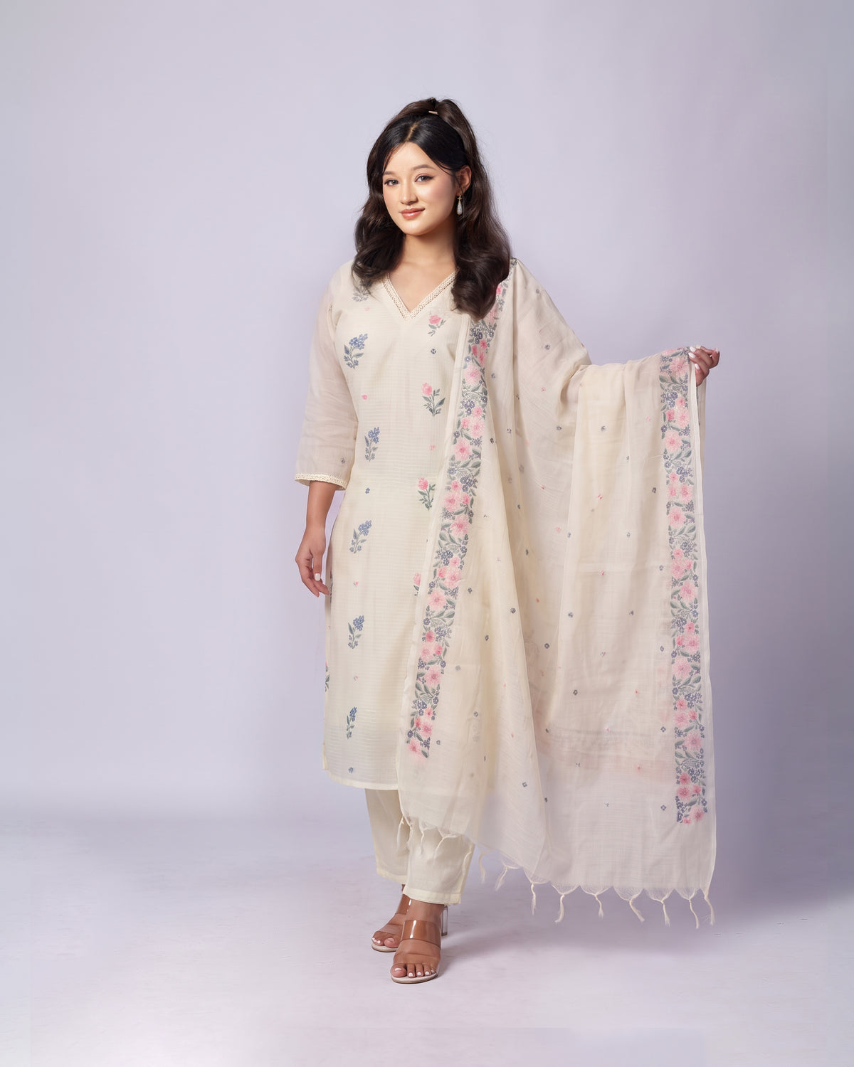 Floral Embroidered Kota Cotton Set with Fringed Dupatta