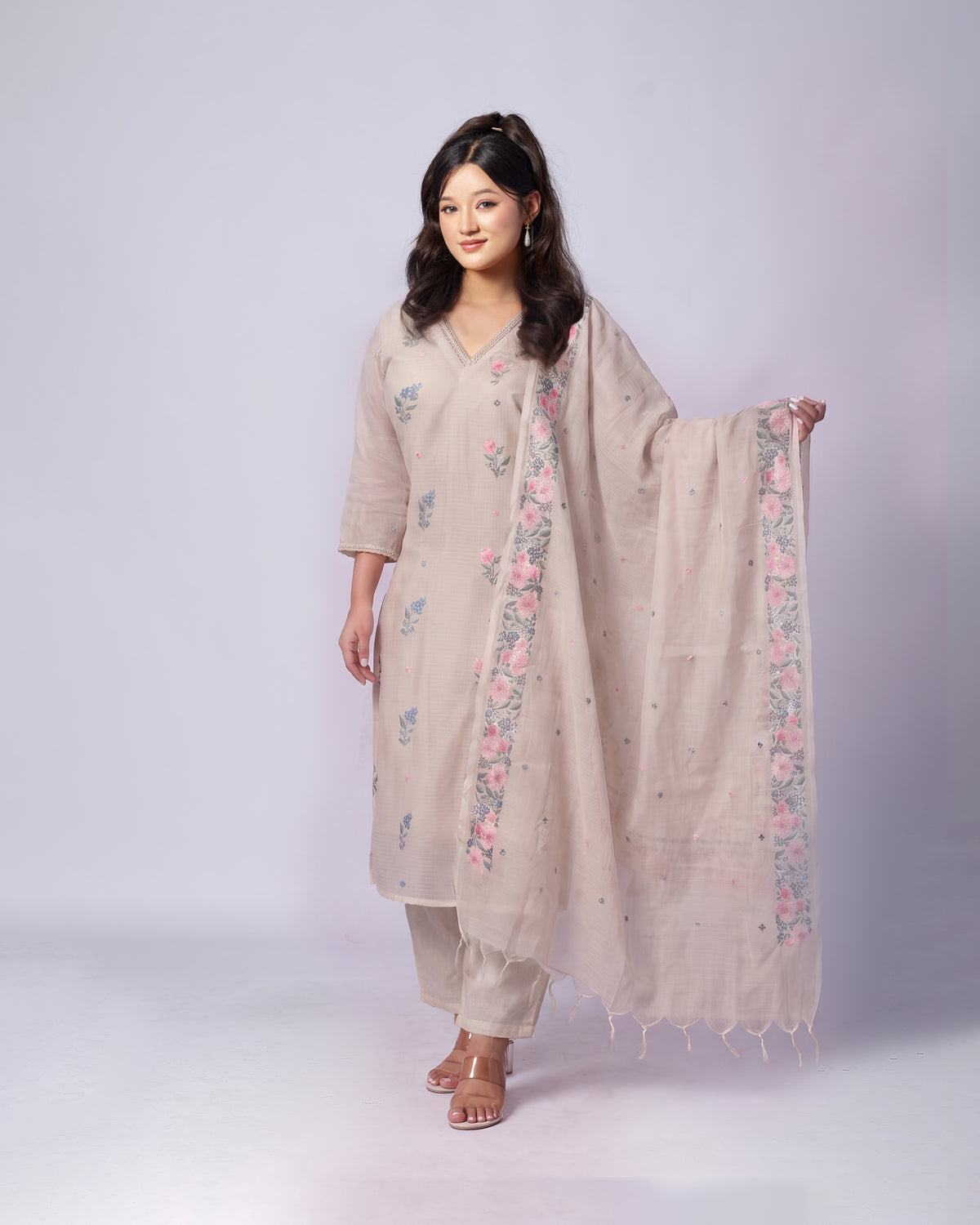 Floral Embroidered Kota Cotton Set with Fringed Dupatta