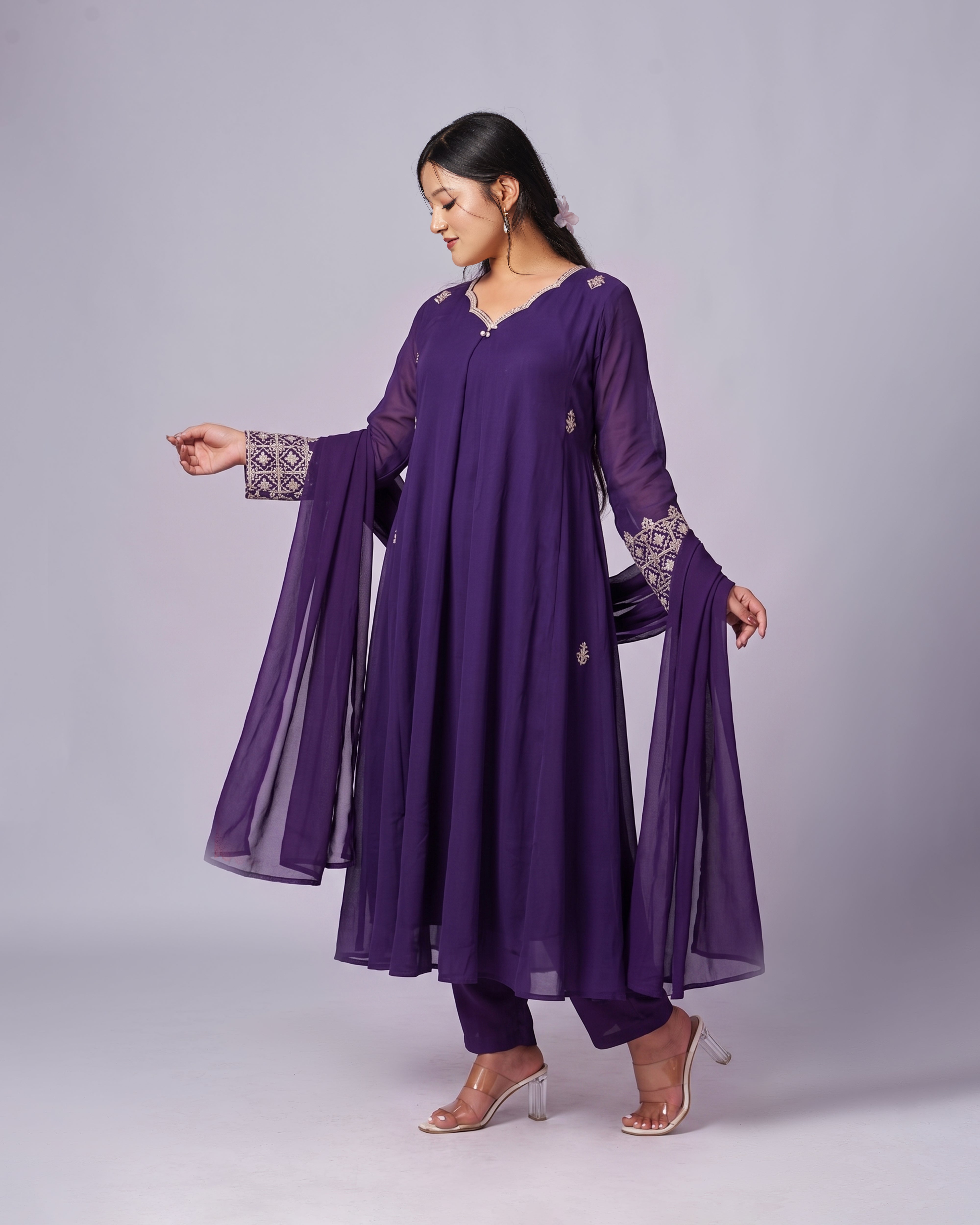 Elevate your everyday elegance with the Mayju Elegant Purple Chinon Silk Kurthi Set