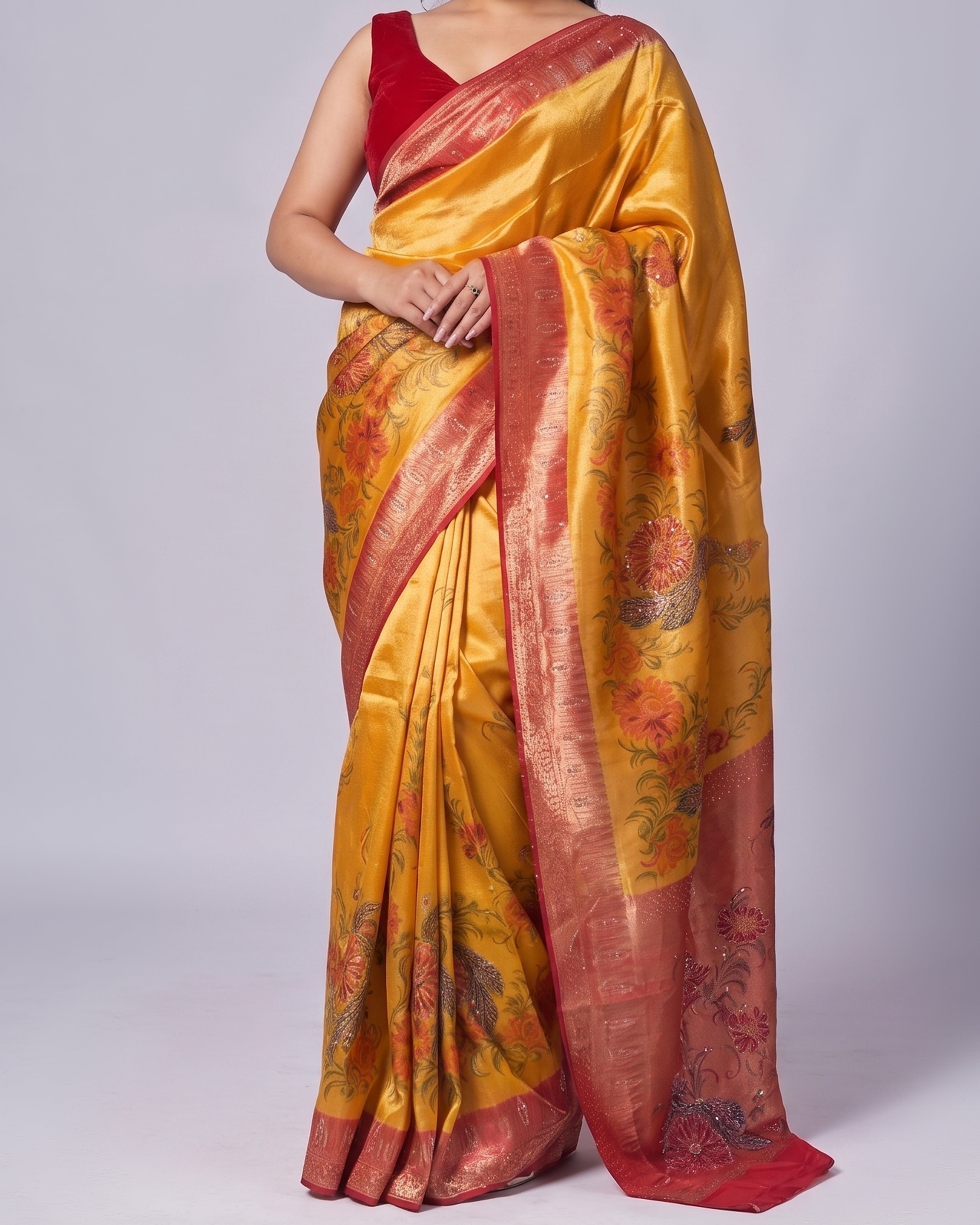 Yellow saree with red blouse on a white background