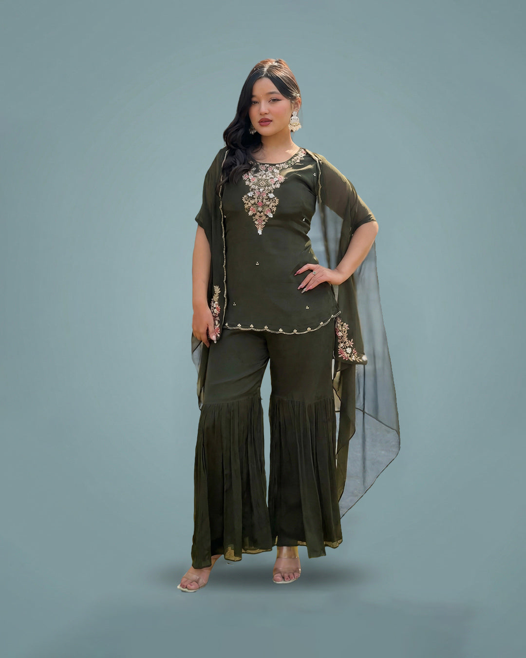 Olive Noor Elegance – Premium Chinon Garara Set with Outer