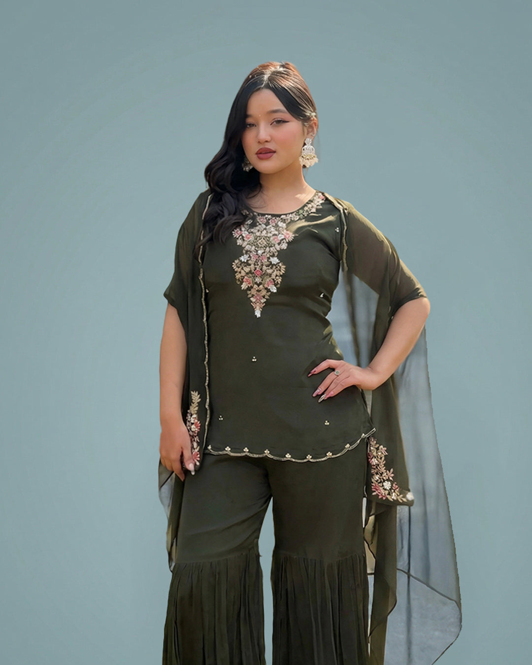 Olive Noor Elegance – Premium Chinon Garara Set with Outer