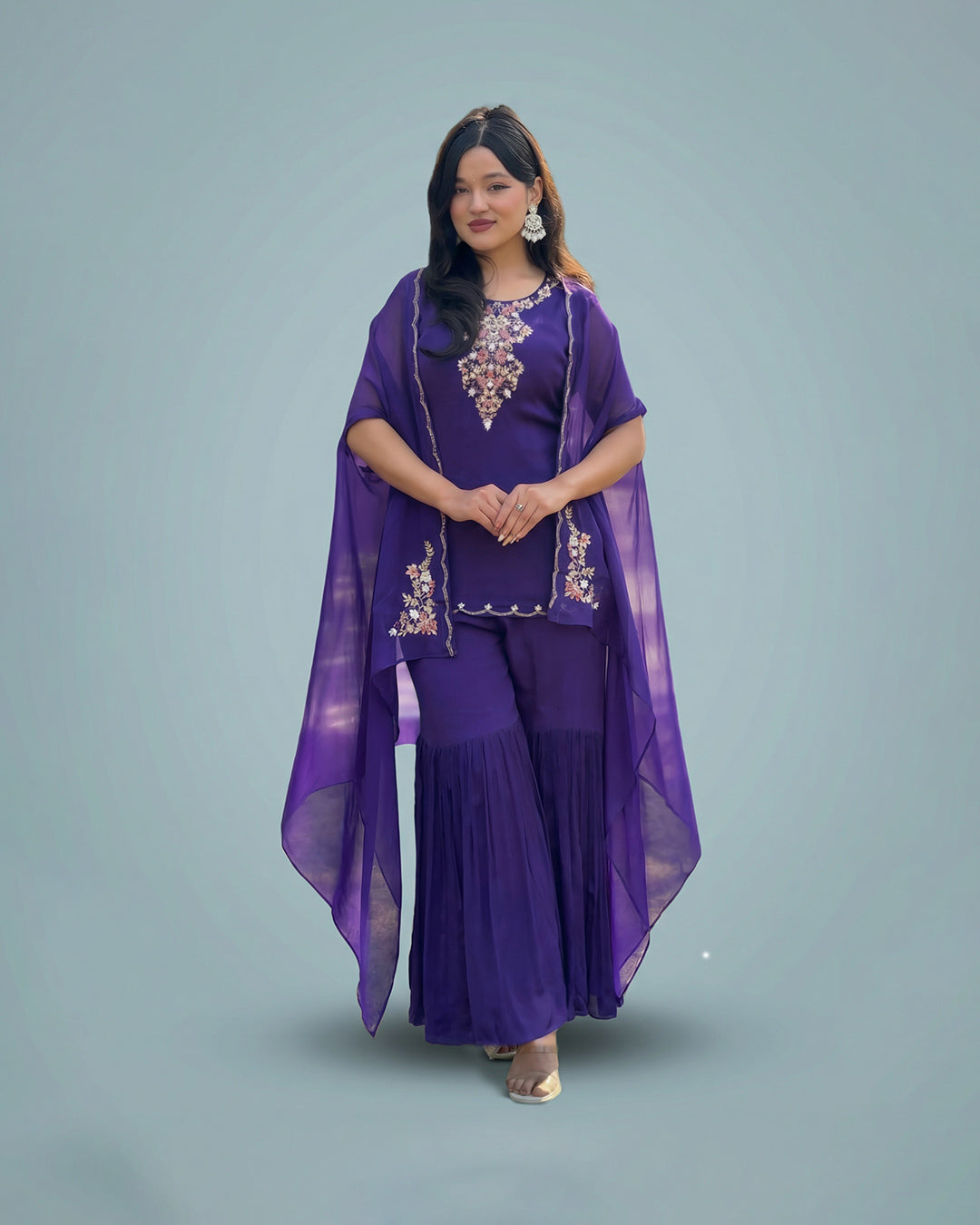 Dark Indigo Noor Elegance – Premium Chinon Garara Set with Outer