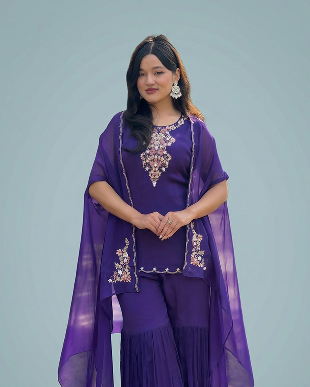 Dark Indigo Noor Elegance – Premium Chinon Garara Set with Outer