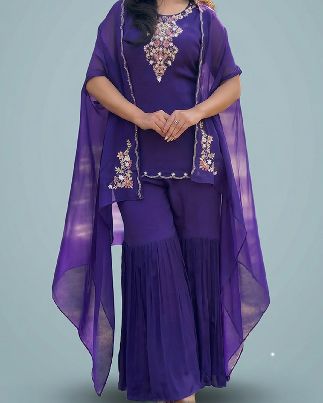 Dark Indigo Noor Elegance – Premium Chinon Garara Set with Outer