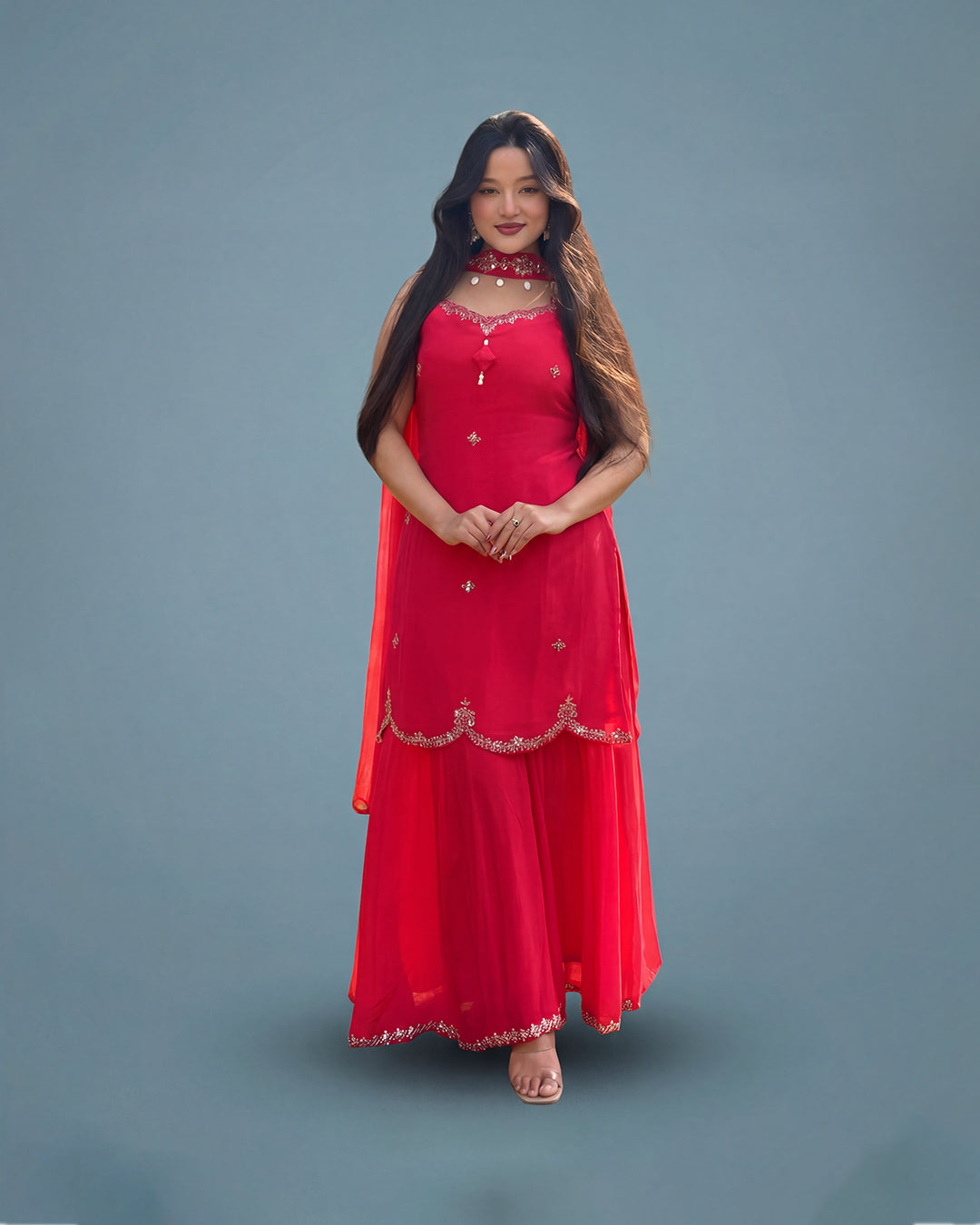 Crimson Rose Aarya Upada Silk Sharara Set By MAYJU