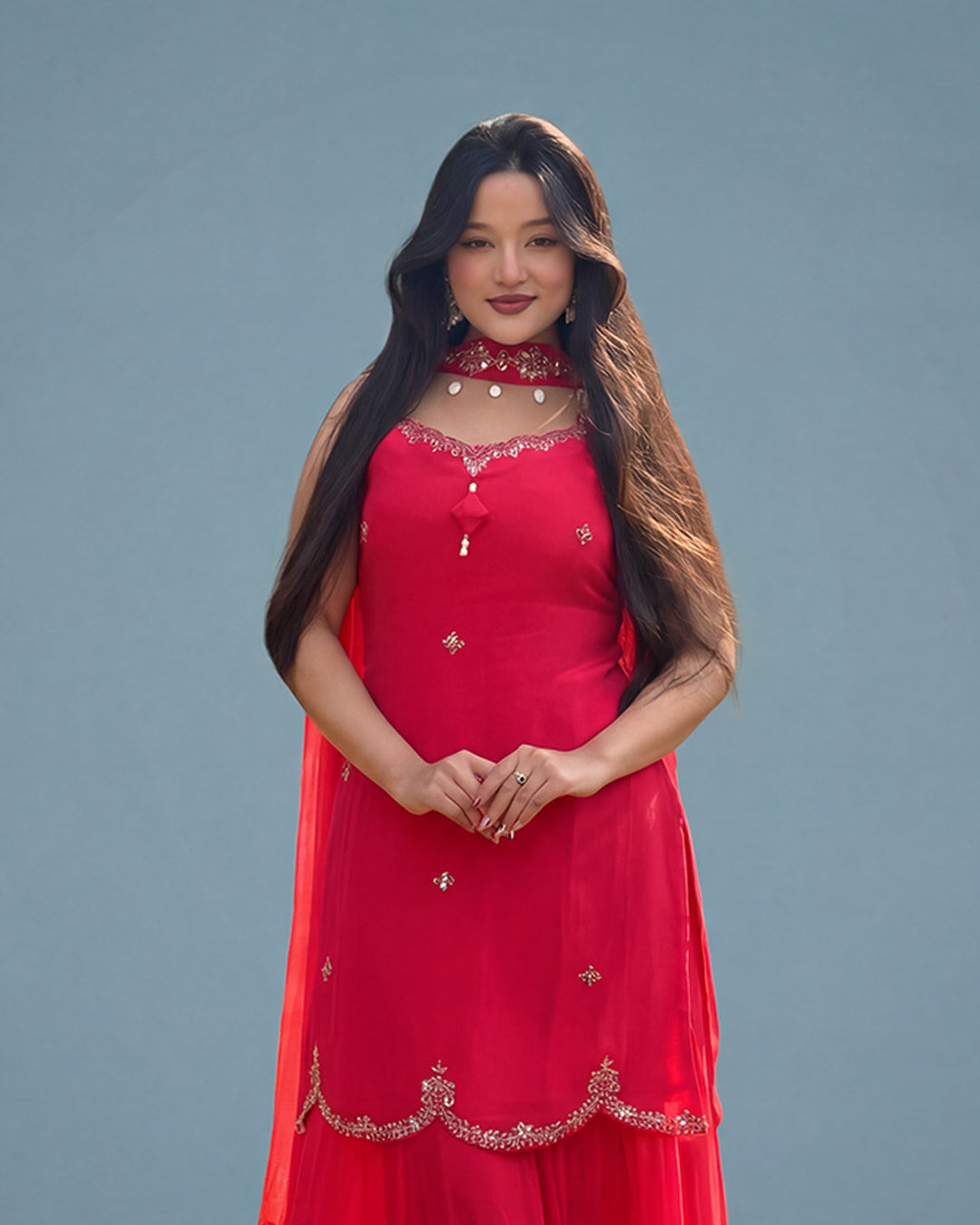 Crimson Rose Aarya Upada Silk Sharara Set By MAYJU