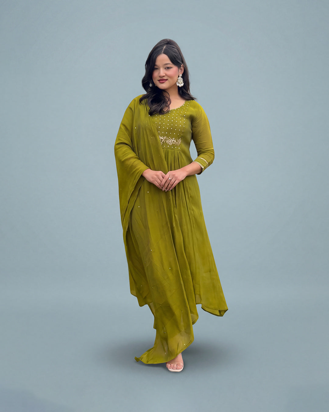 Olive Aura Grace – Premium Silk Ensemble