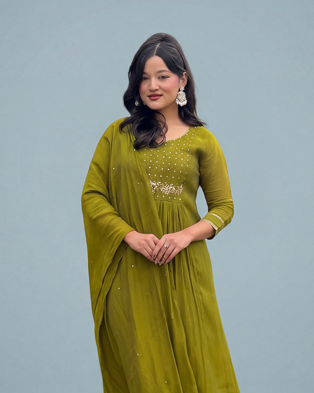 Olive Aura Grace – Premium Silk Ensemble