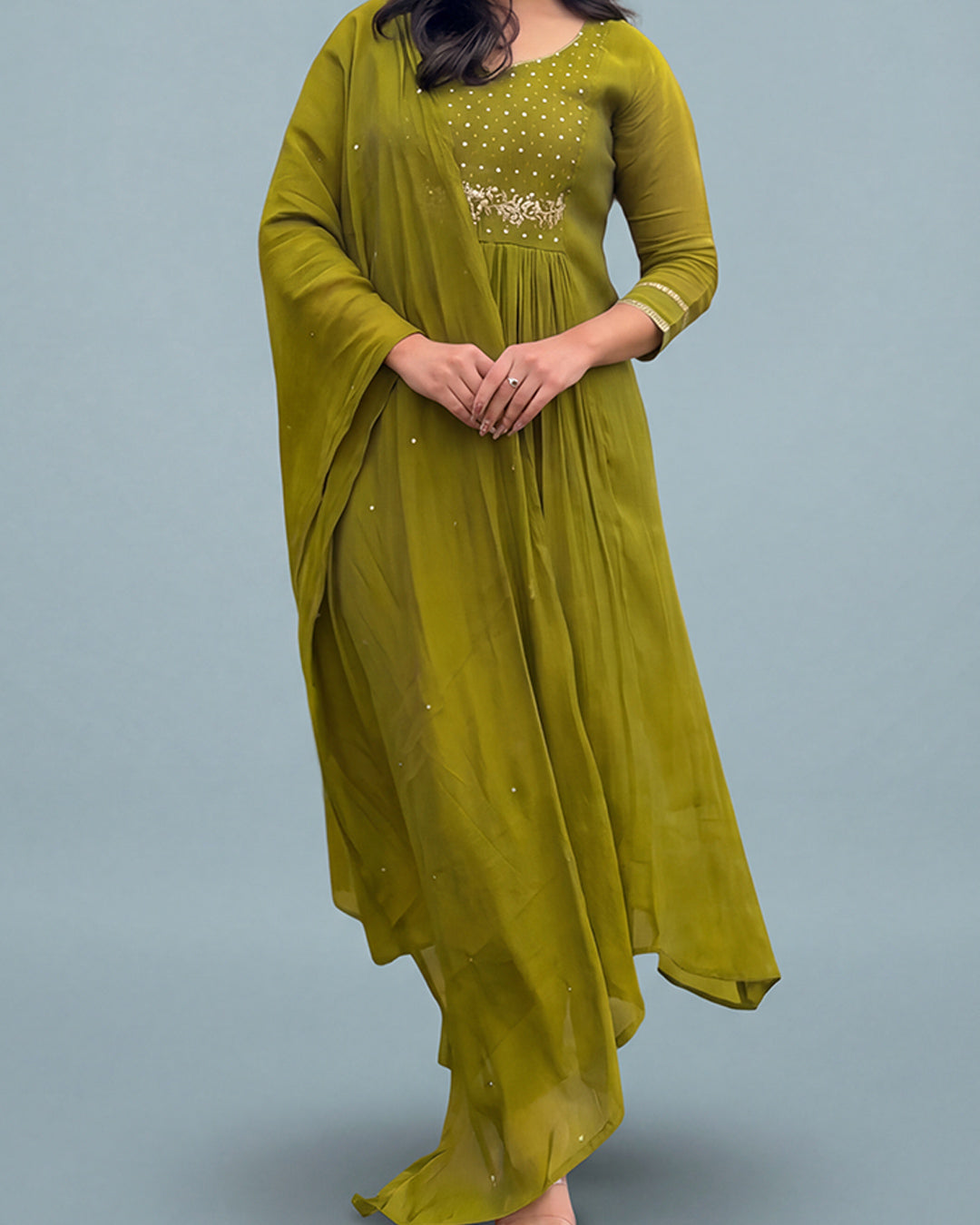 Olive Aura Grace – Premium Silk Ensemble