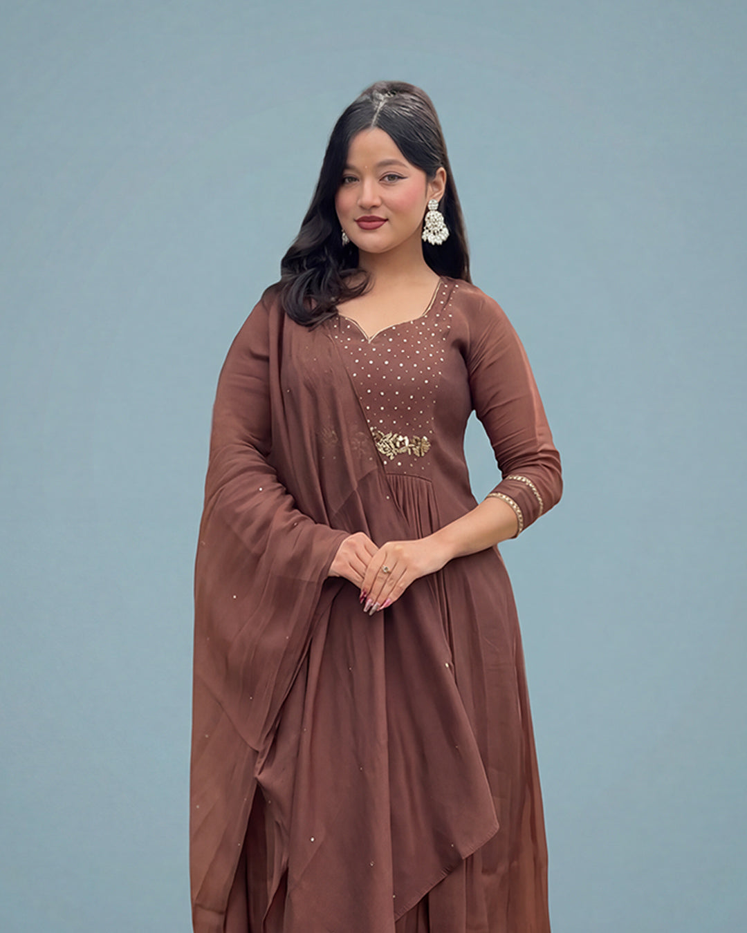 Deep Wine Brown Aura Grace – Premium Silk Ensemble