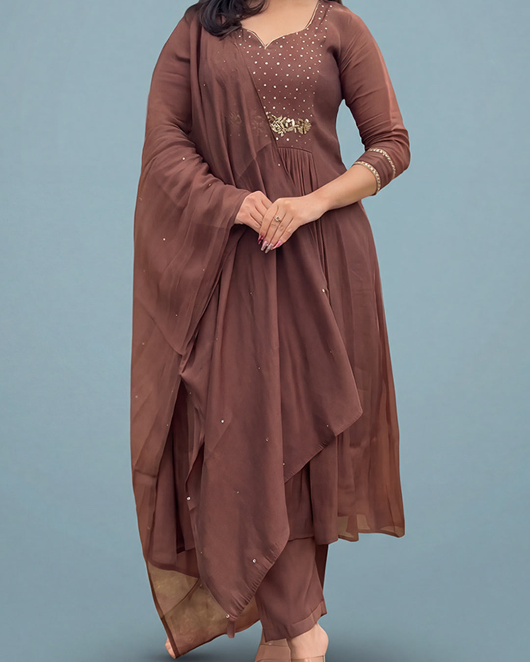 Deep Wine Brown Aura Grace – Premium Silk Ensemble