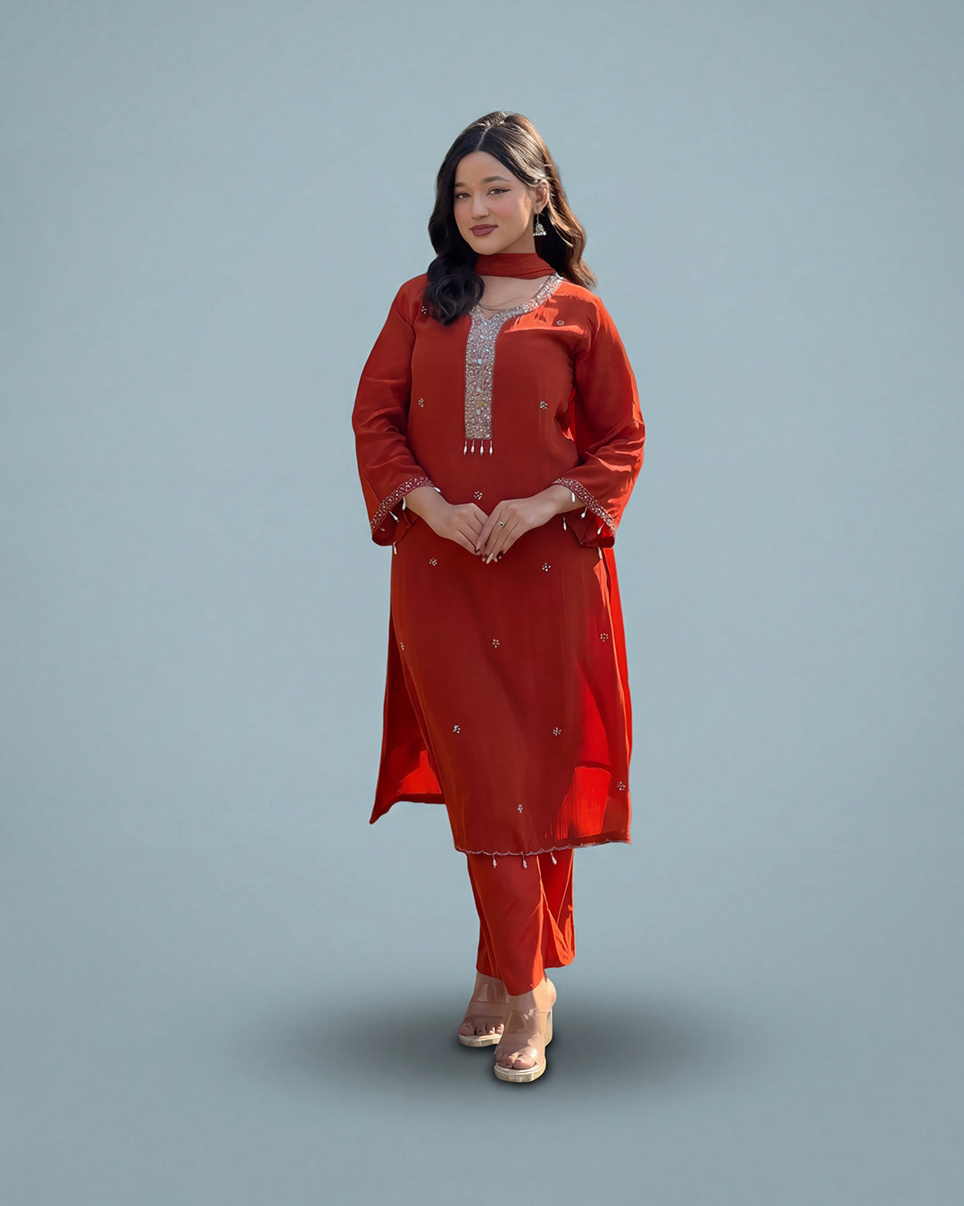 Rust Zariya Elegance – Premium Pakistani Silk Set