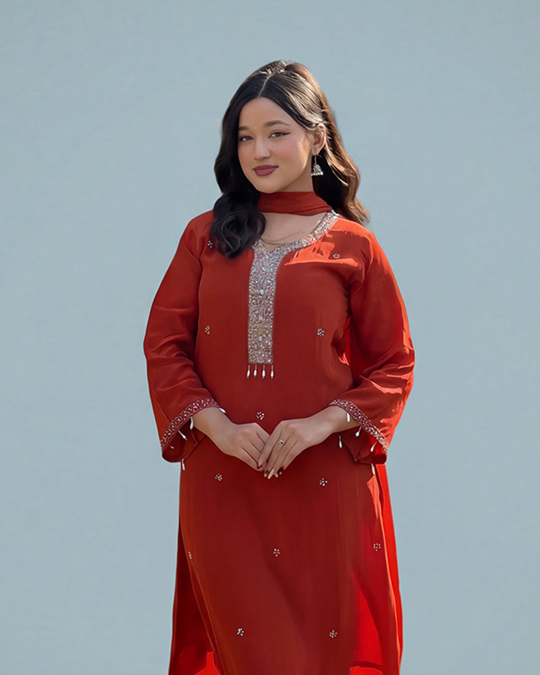 Rust Zariya Elegance – Premium Pakistani Silk Set