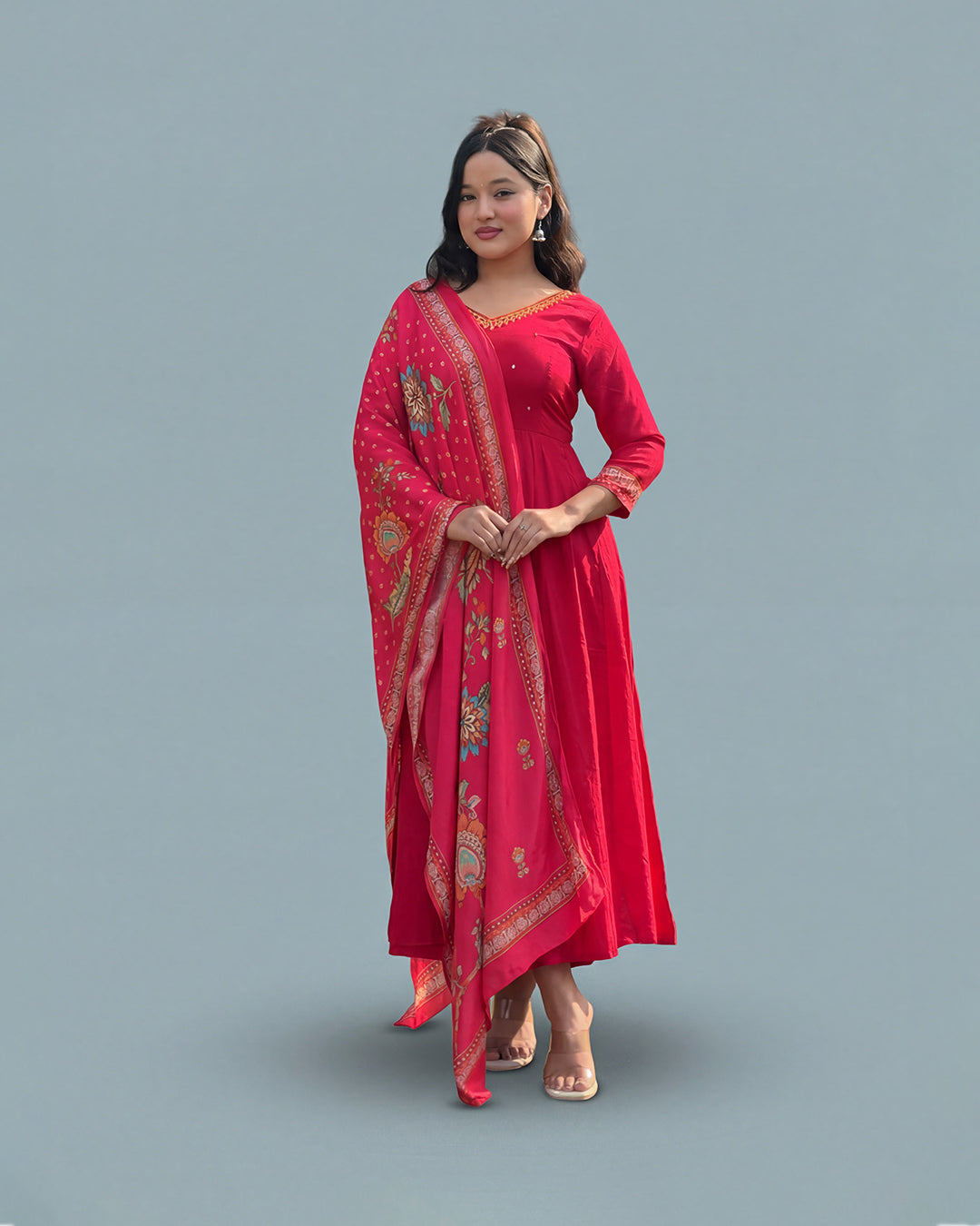Crimson Bloom Elegance – Premium Muslin Silk Anarkali Set