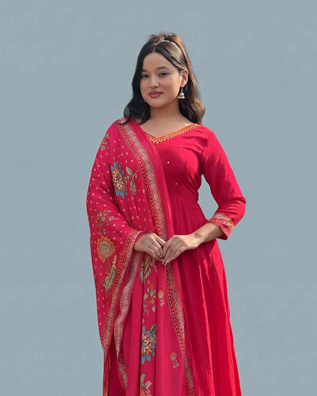 Crimson Bloom Elegance – Premium Muslin Silk Anarkali Set