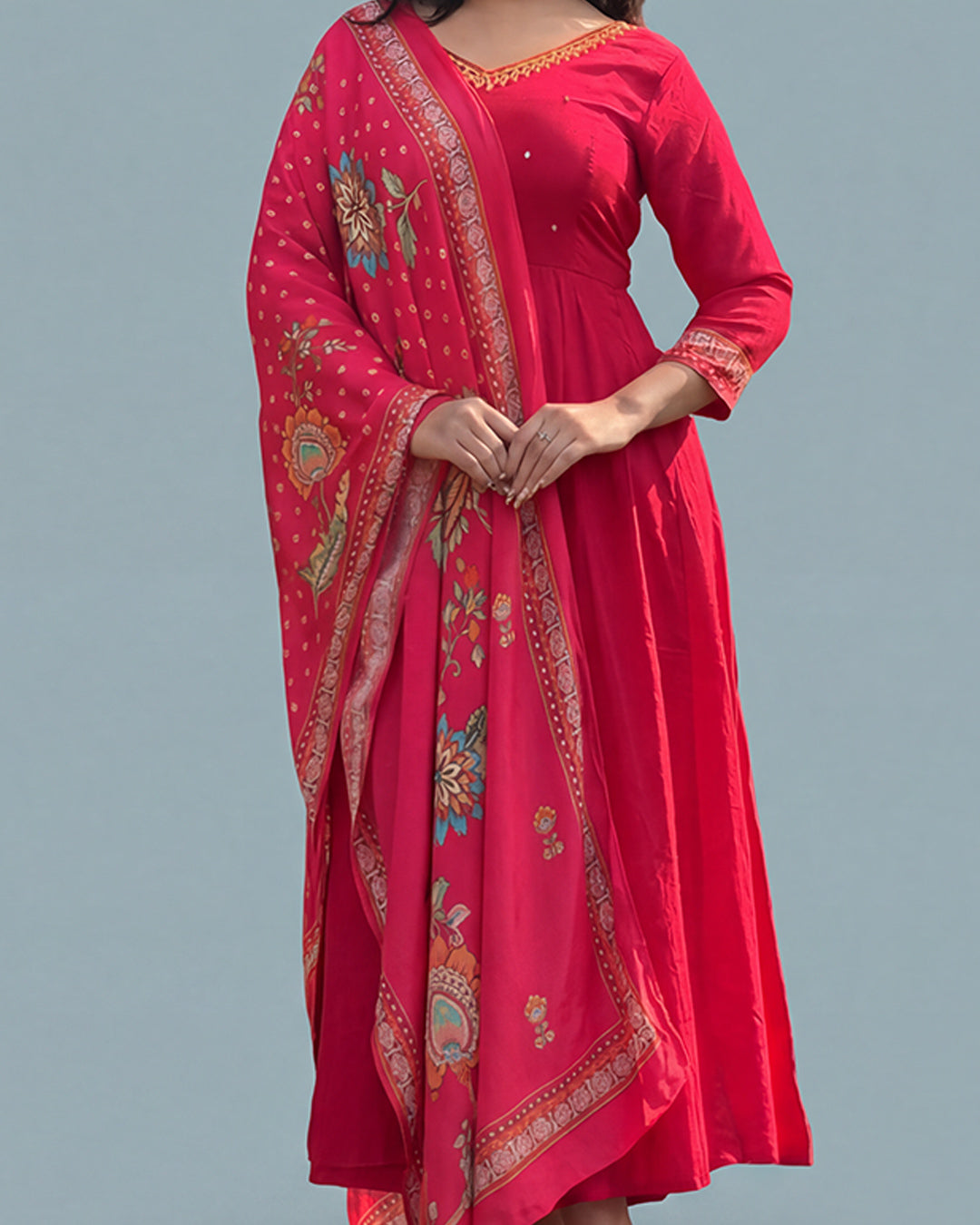 Crimson Bloom Elegance – Premium Muslin Silk Anarkali Set