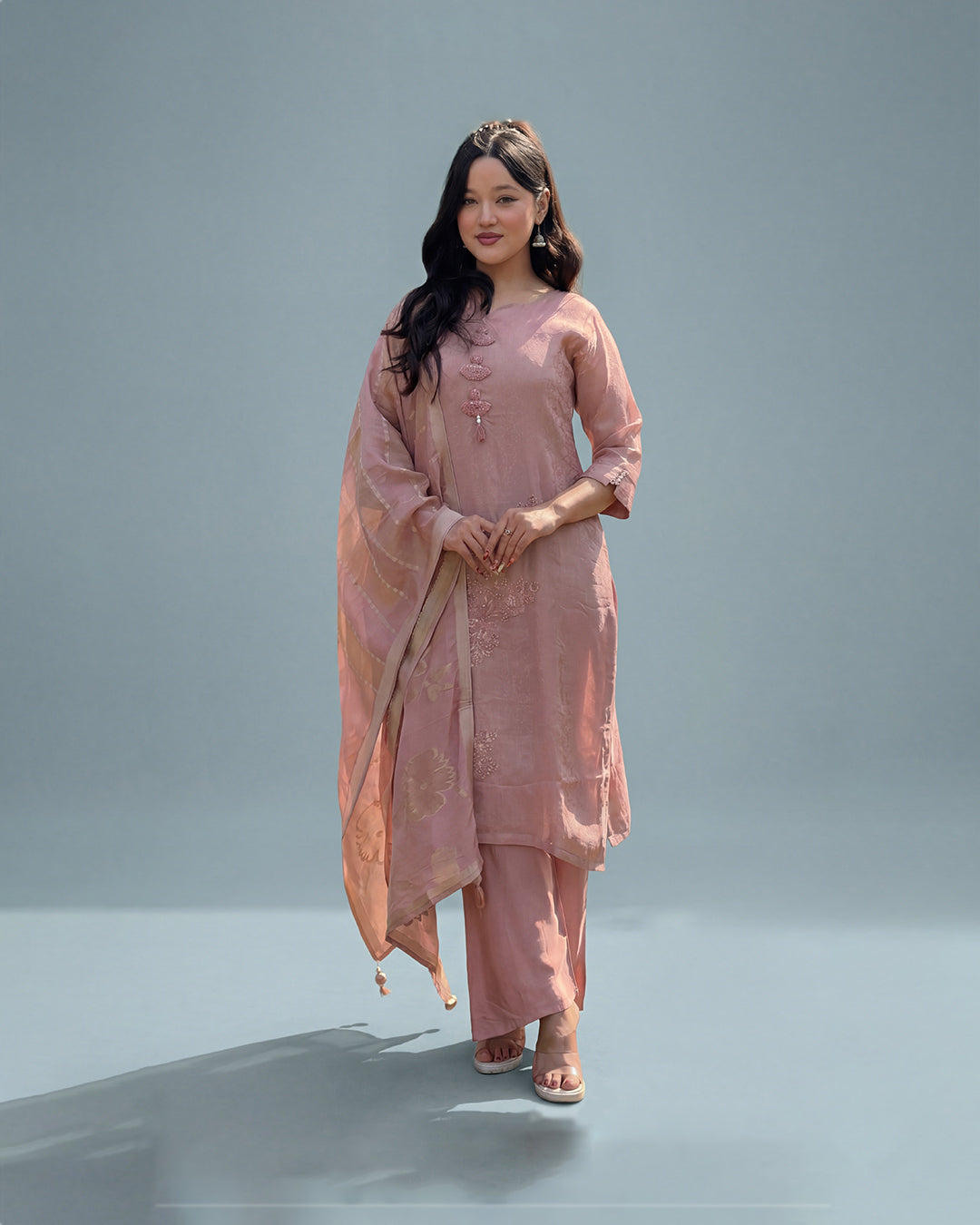Blush Rose Grace – Premium Shimmer Handworked Suit Set