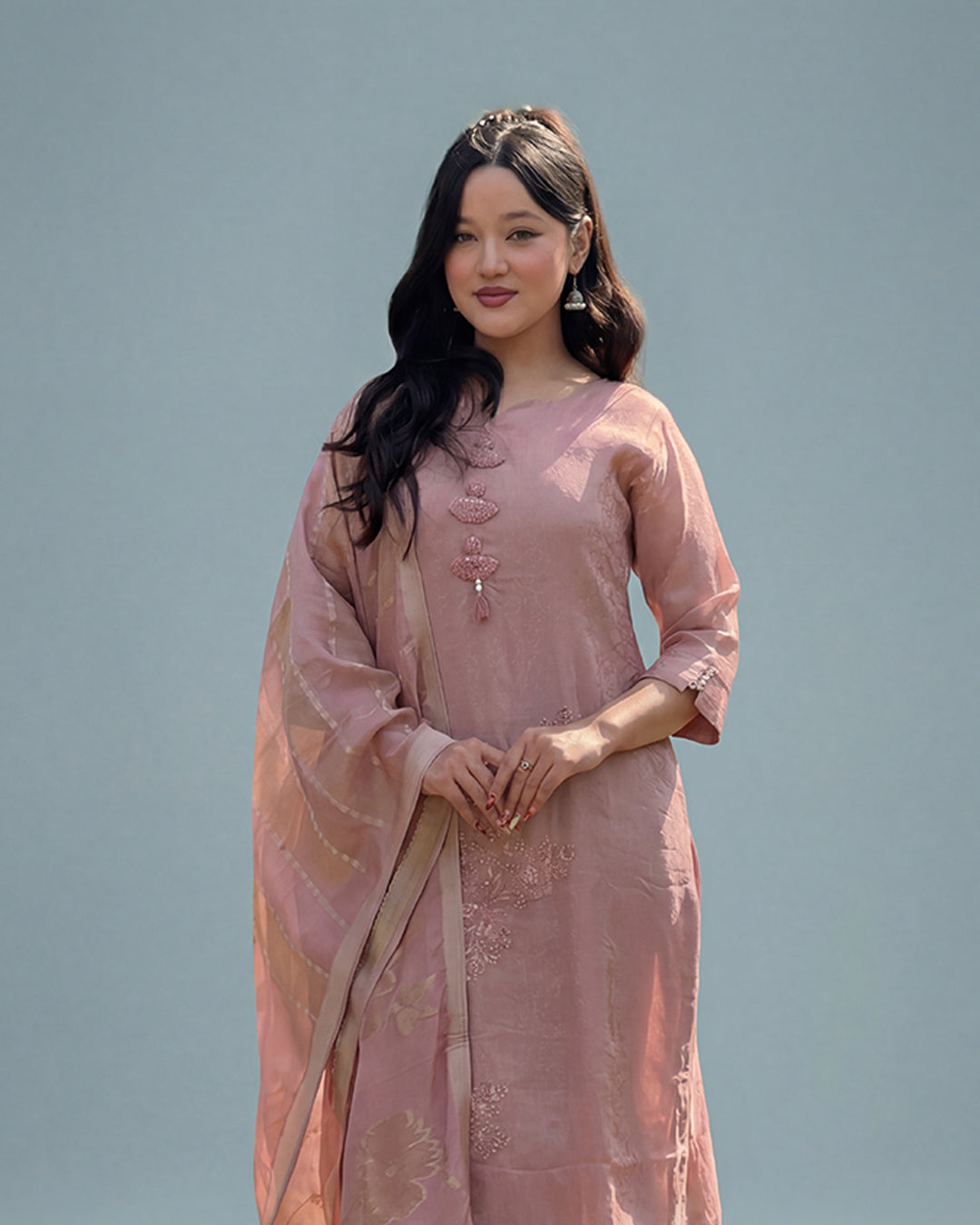 Blush Rose Grace – Premium Shimmer Handworked Suit Set