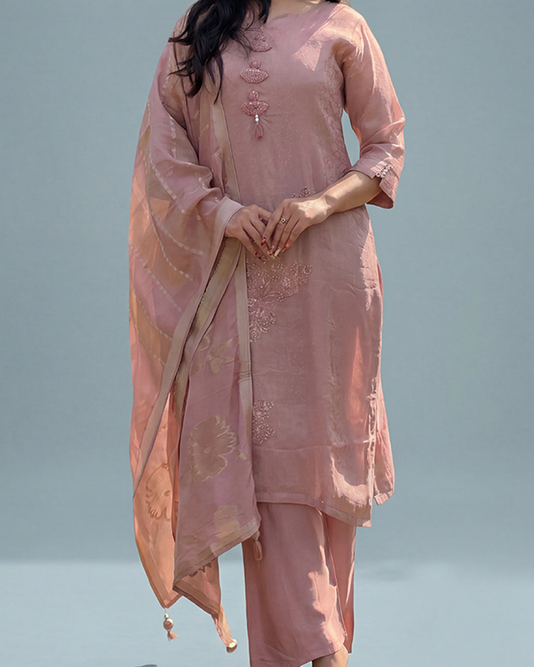 Blush Rose Grace – Premium Shimmer Handworked Suit Set