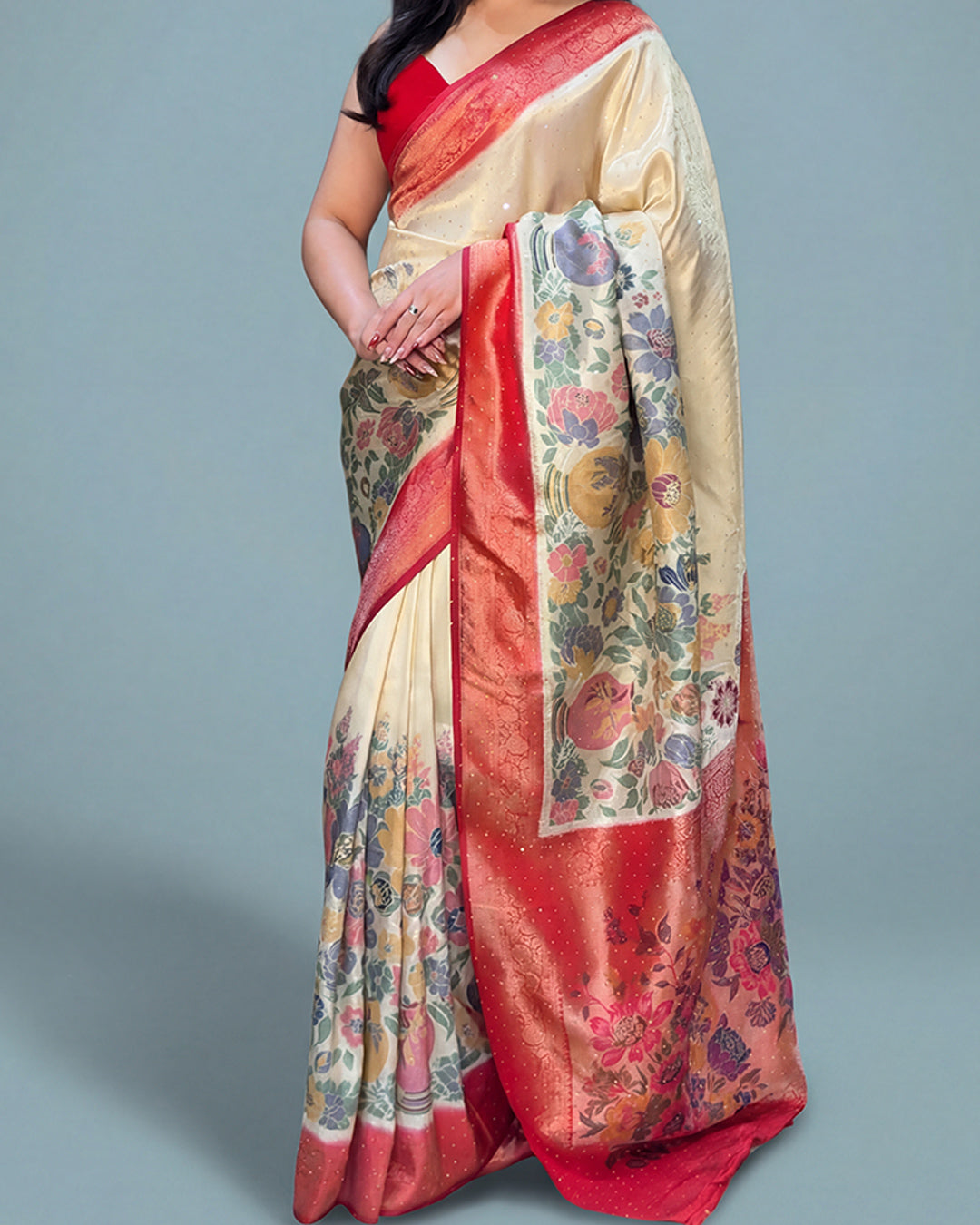 Ivory Bloom Elegance – Shimmer Silk Saree