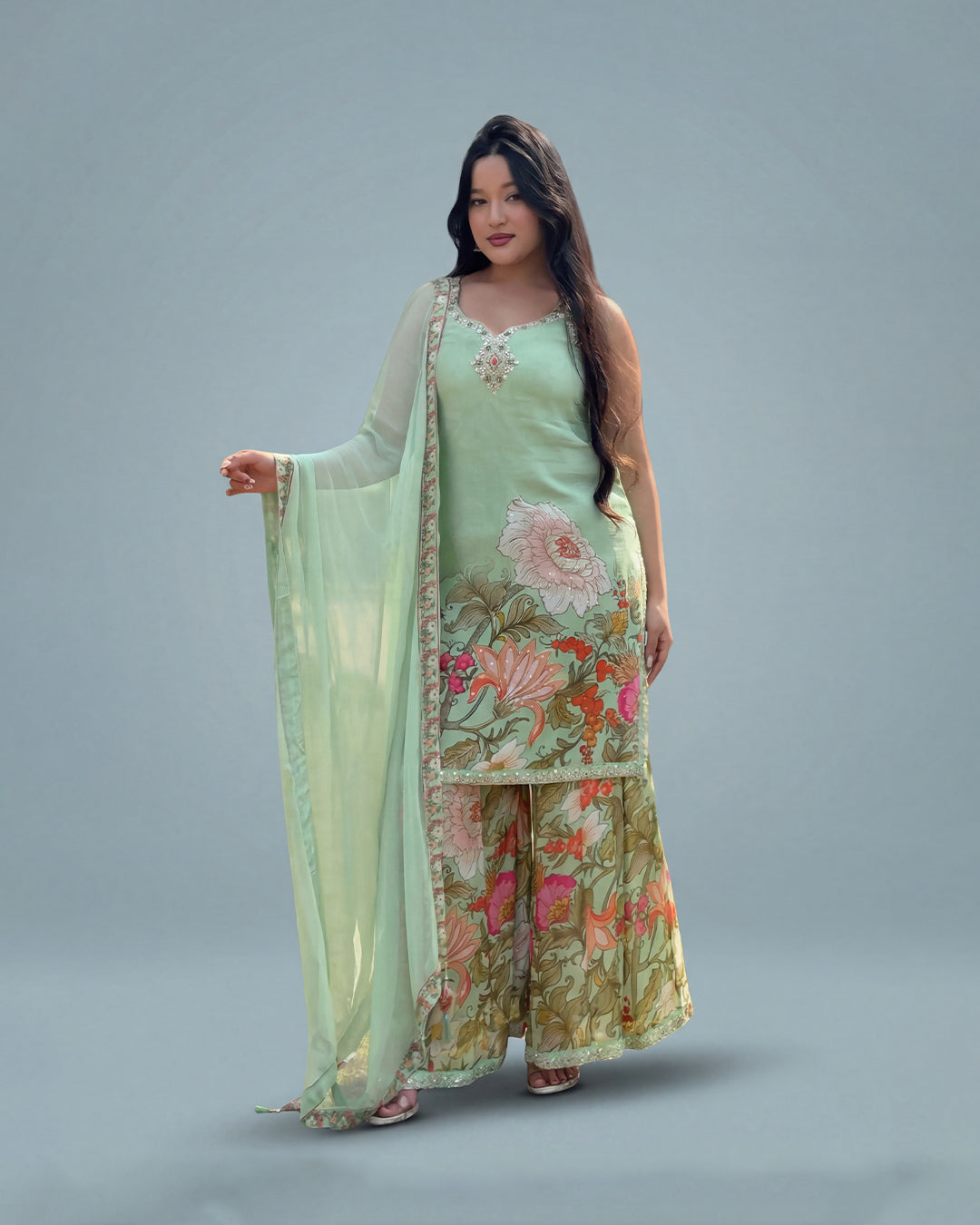 Mint Garden Grace – Premium Crepe Silk Kurta Set