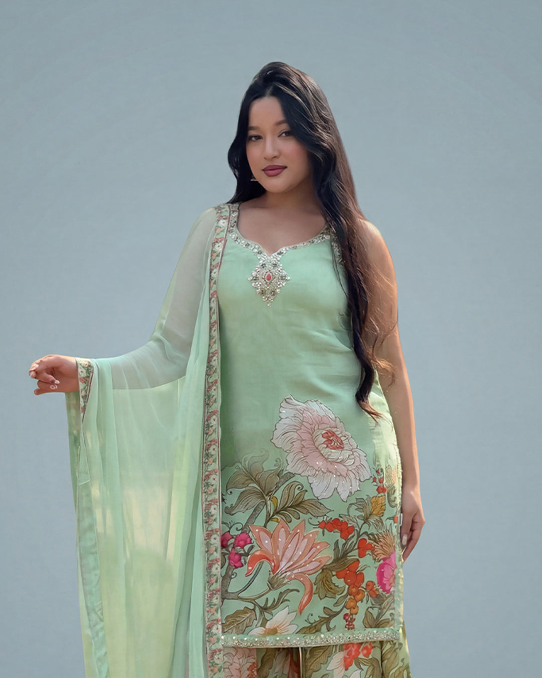Mint Garden Grace – Premium Crepe Silk Kurta Set