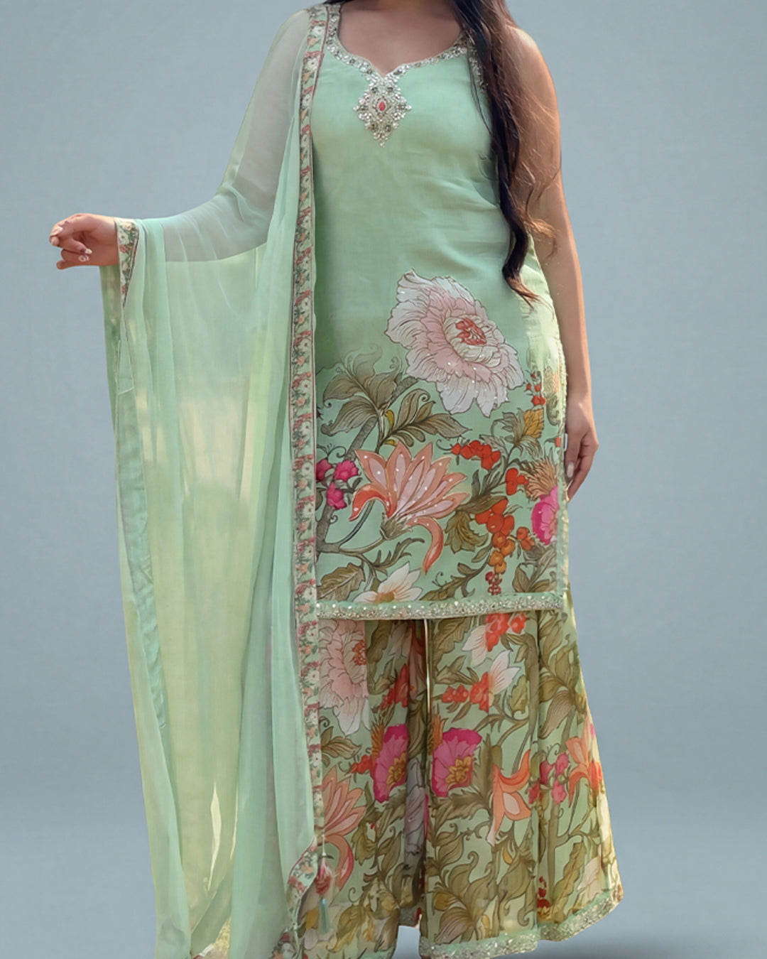 Mint Garden Grace – Premium Crepe Silk Kurta Set
