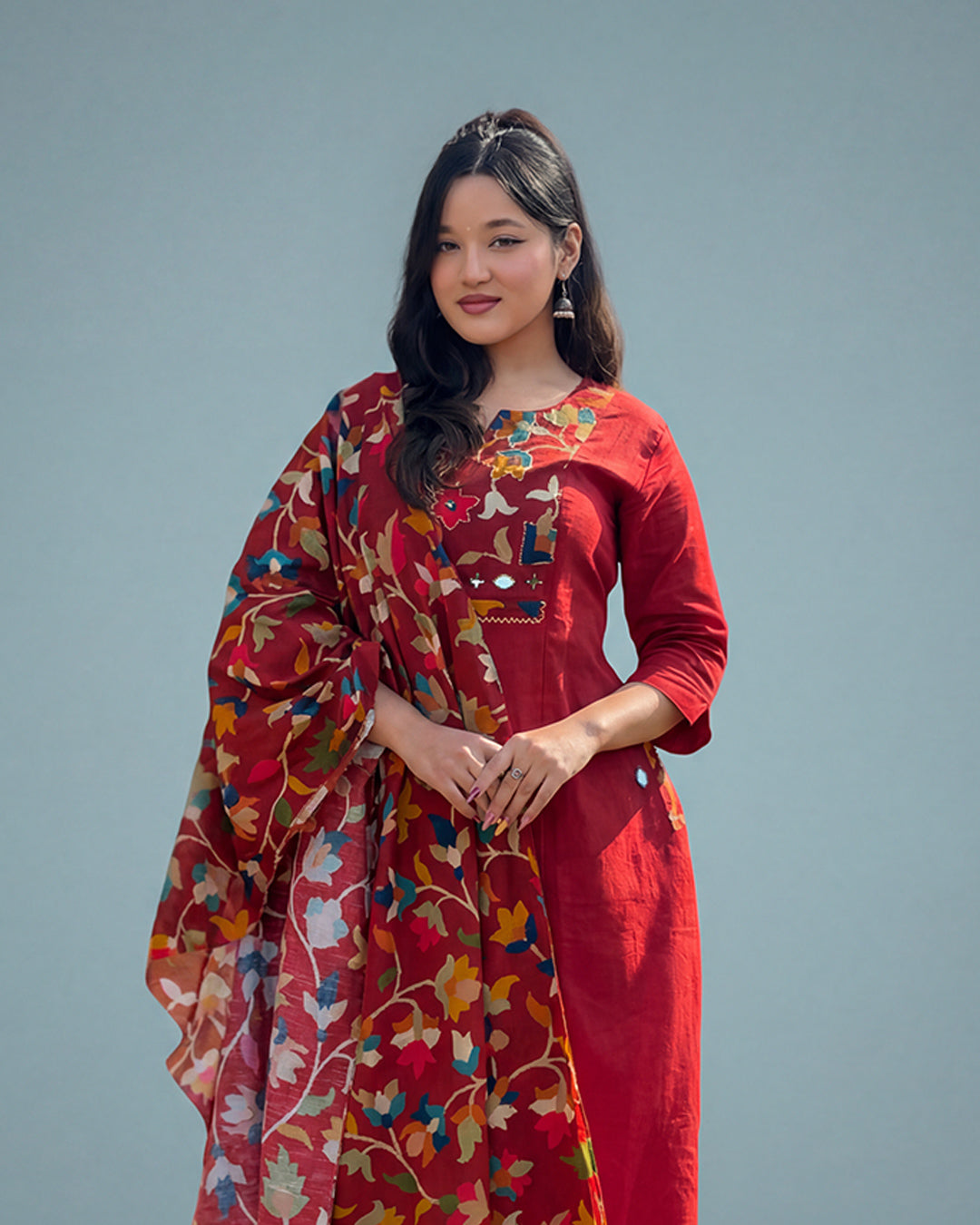 Crimson Floral Charm Cotton Kurta Set MAYJU