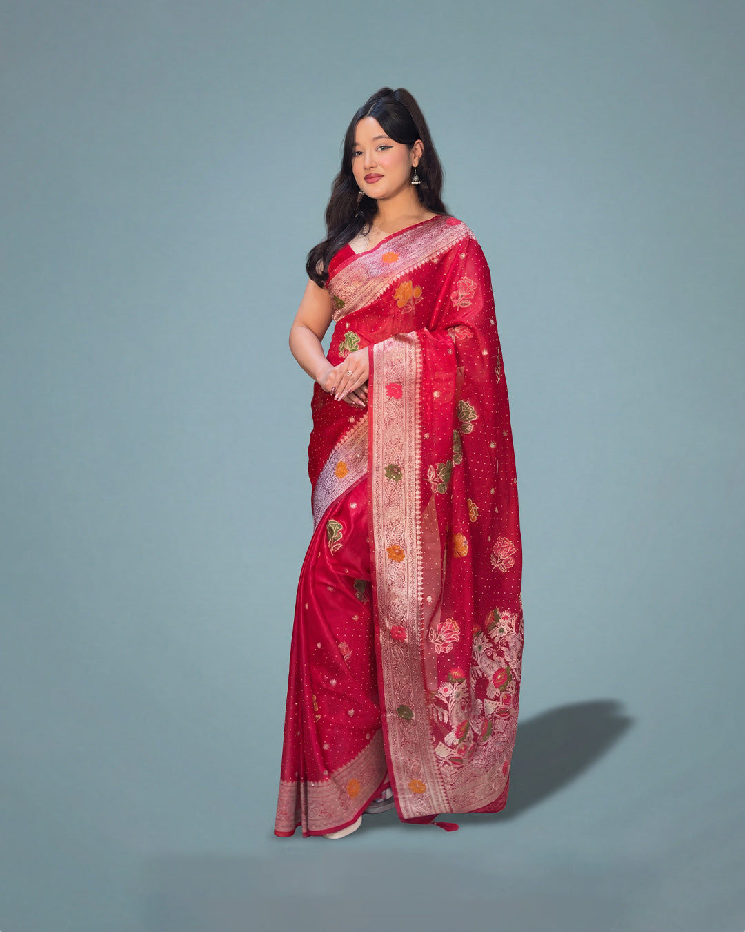 Royal Scarlet Radiance – Organza Tissue Saree