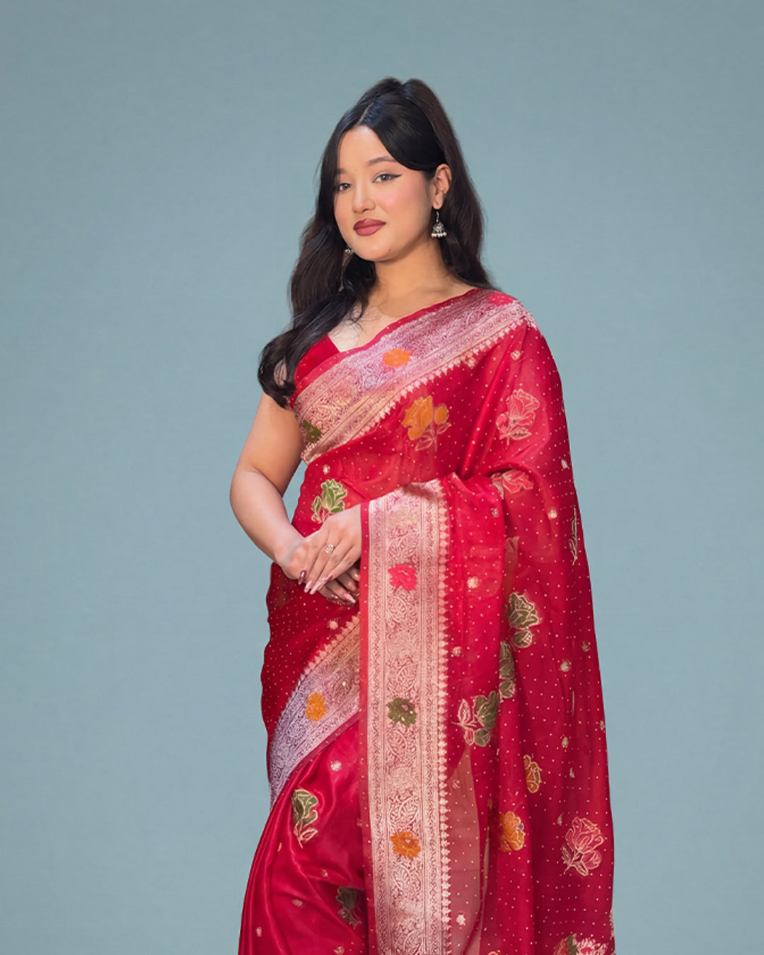 Royal Scarlet Radiance – Organza Tissue Saree