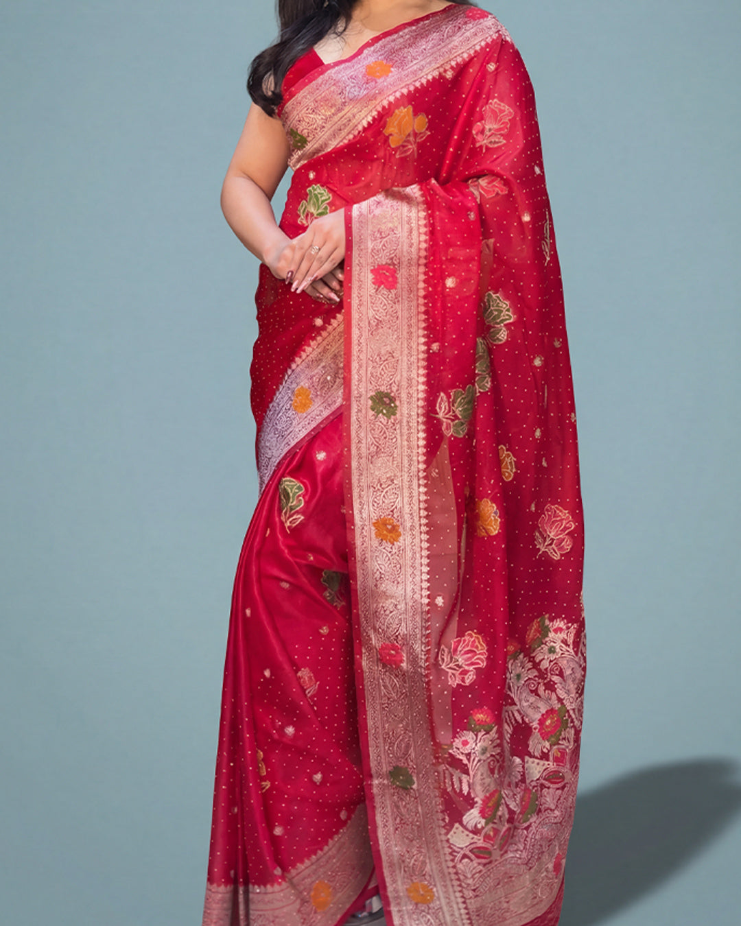 Royal Scarlet Radiance – Organza Tissue Saree