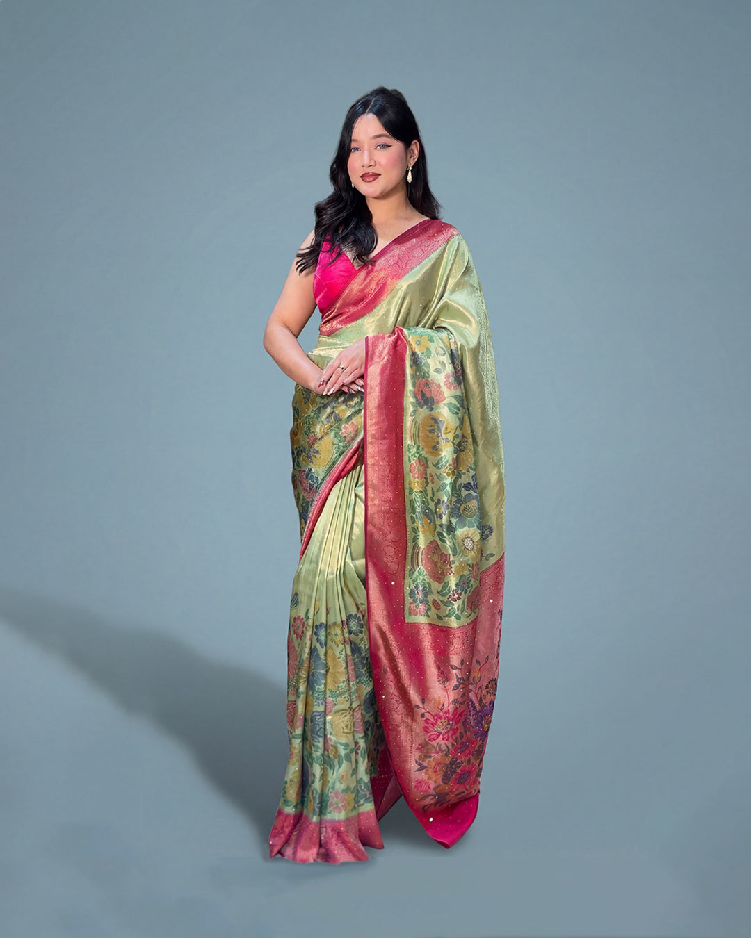 Emerald Blush Radiance – Shimmer Silk Saree