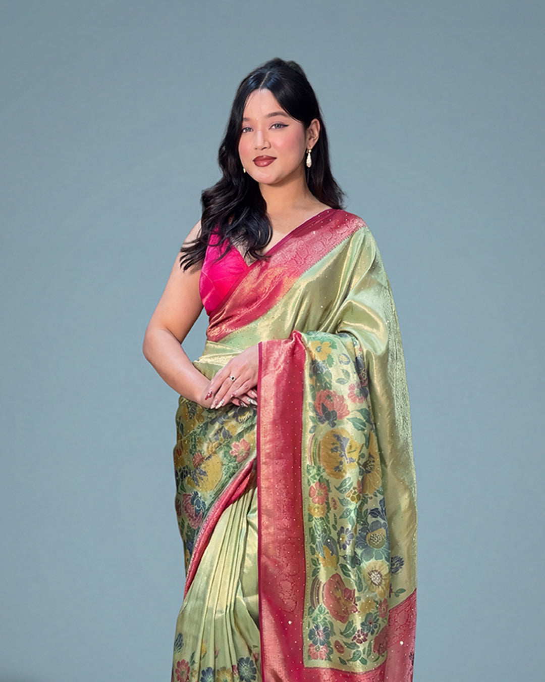 Emerald Blush Radiance – Shimmer Silk Saree