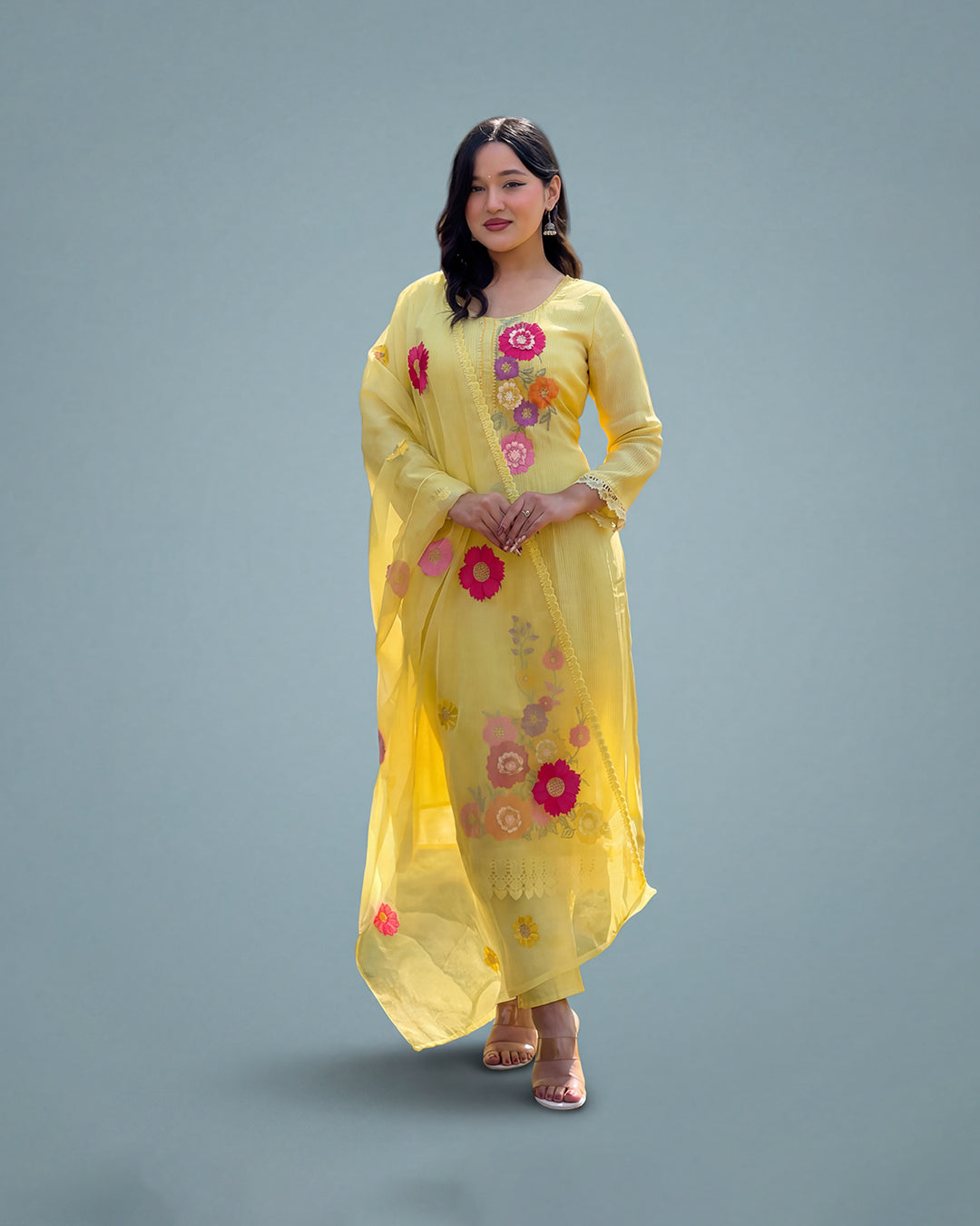 Bloom Pure Muslin Floral Kurta Set with Dupatta
