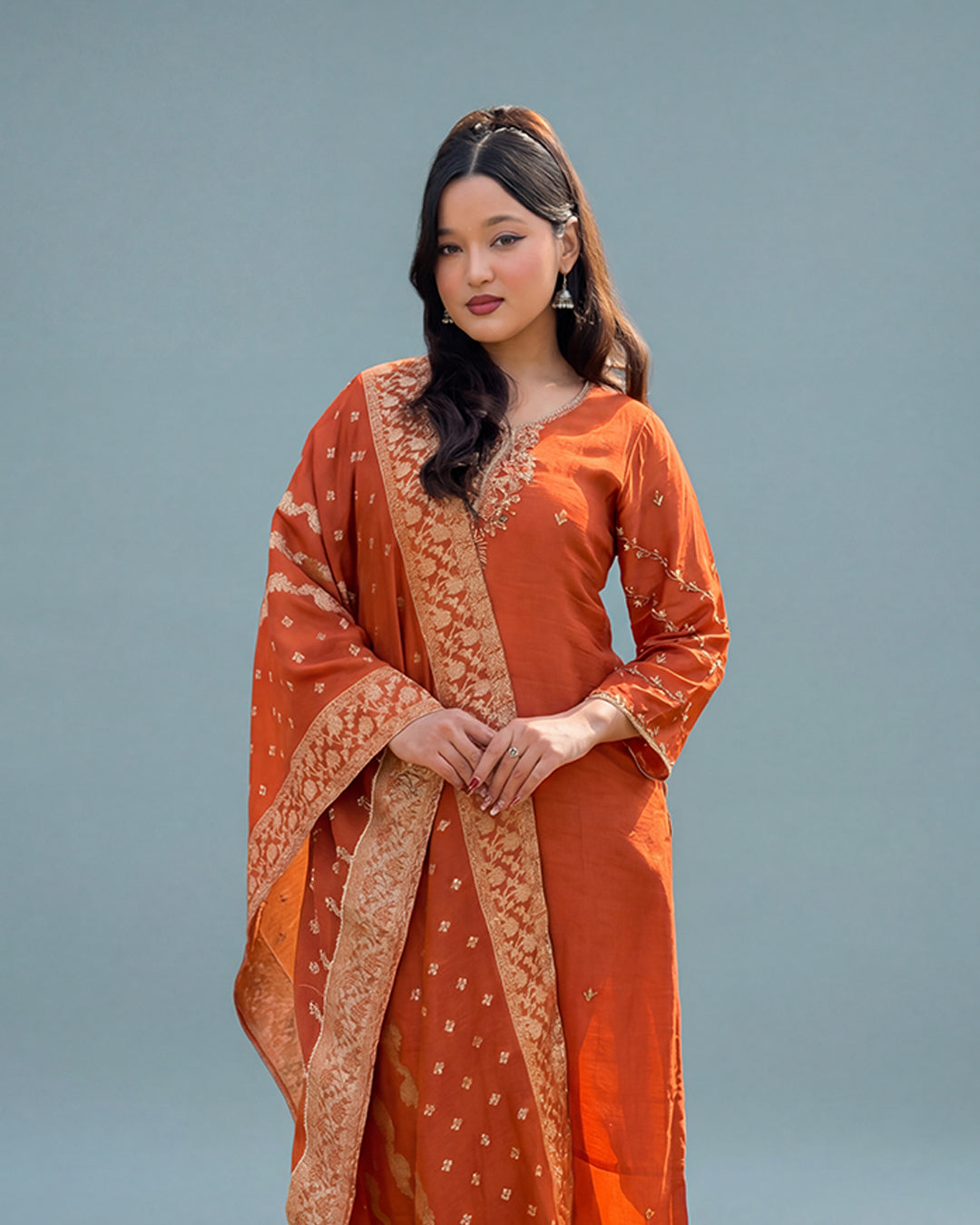 Burnt Orange Heritage Glow – Rawsilk Suit Set
