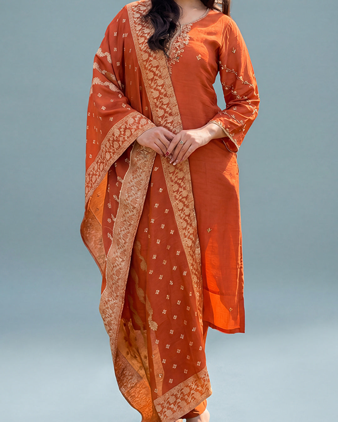 Burnt Orange Heritage Glow – Rawsilk Suit Set