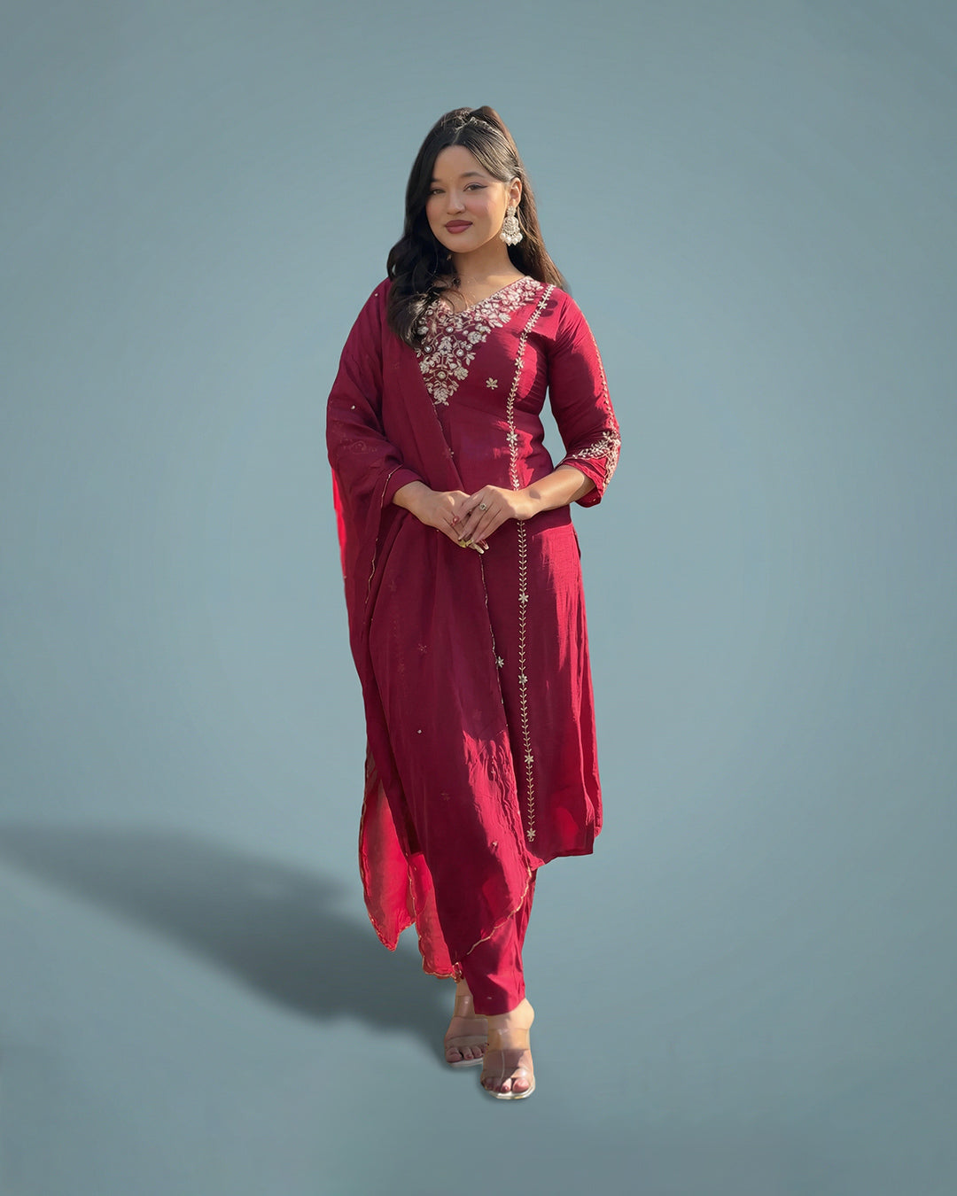 Crimson Royale Elegance – Silk Handwork Suit Set