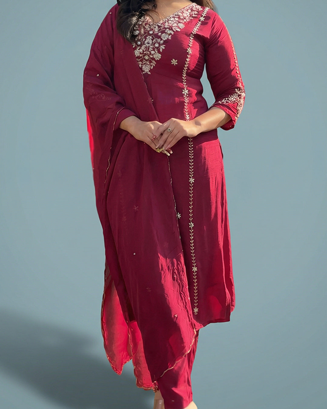 Crimson Royale Elegance – Silk Handwork Suit Set