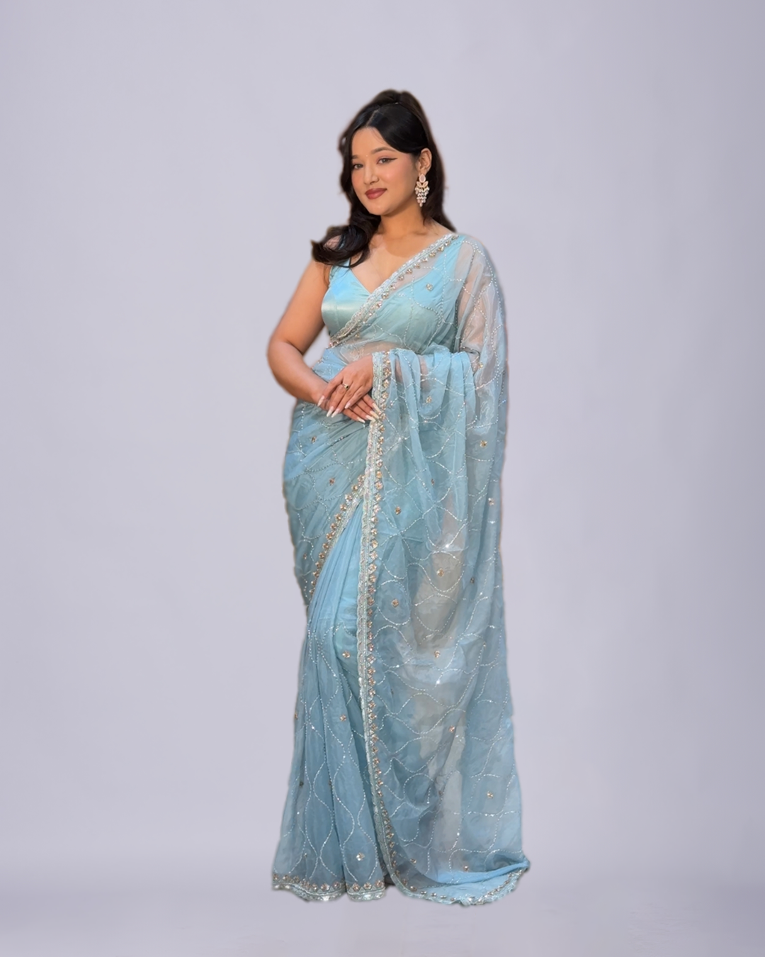Aqua Mist Radiance – Premium Tissue Saree